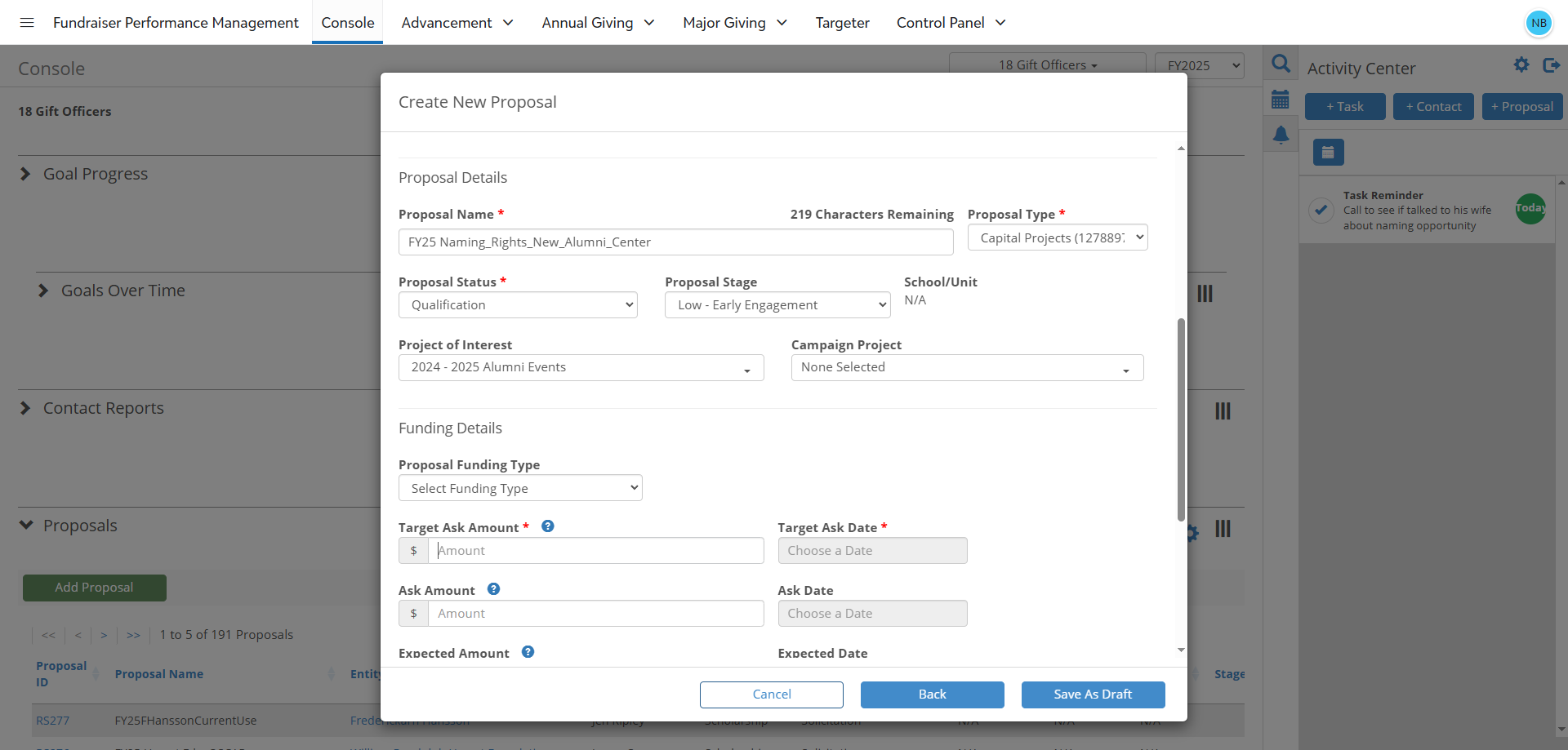 Step #19: Target Ask Amount Field is used to indicate the expected dollar amount the officer(s) will ask for.Click into the field and enter the expected dollar amount you will ask for.