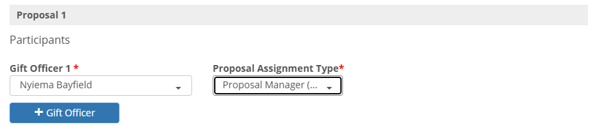 Step #11: To add an additional Gift Officer to the proposal, click on the blue button labeled "+Gift Officer".