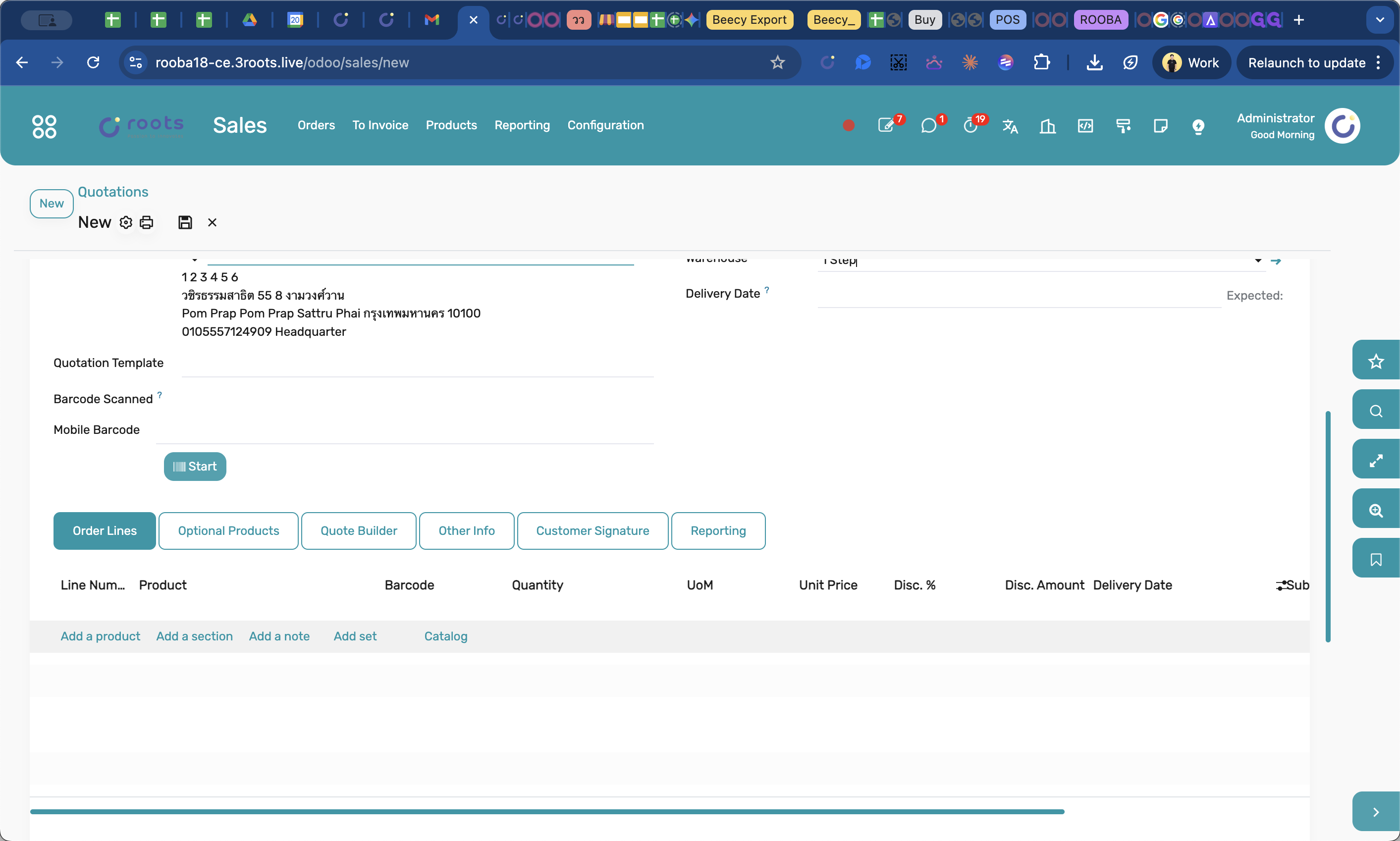 Step #5: Under the Order Lines tab, click Add a product to create a new line item.