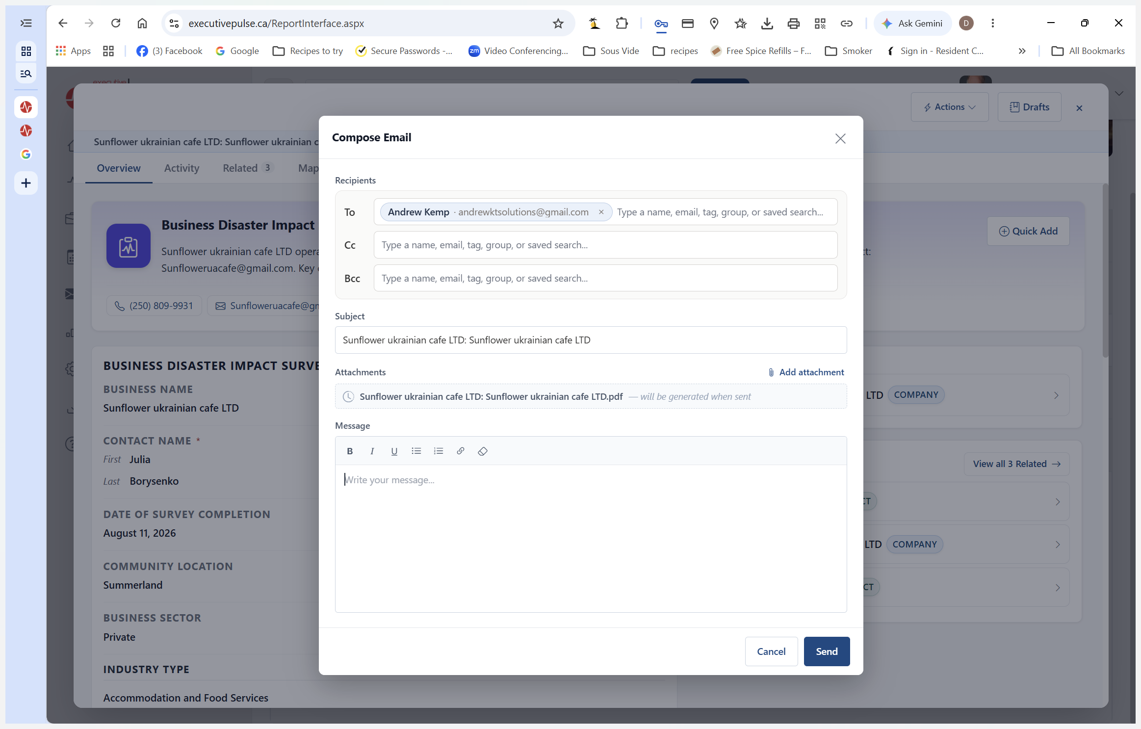 Step #20: Paste your prepared referral template into the message body, ensuring you mention specific details like "Disaster response referral" and the business name.