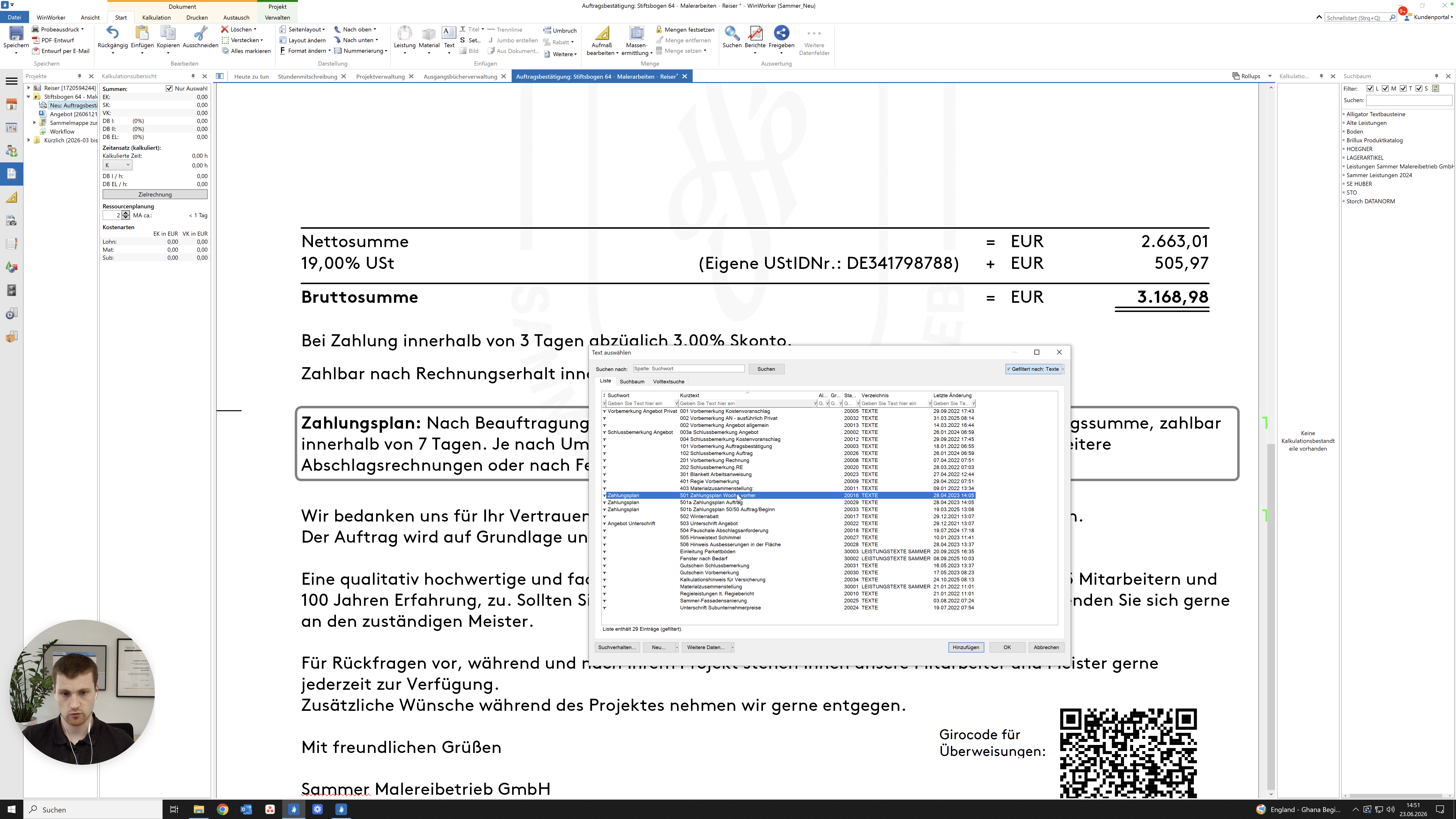 Step #25: Wählen Sie den Textbaustein 501 Zahlungsplan Woche vorher aus.