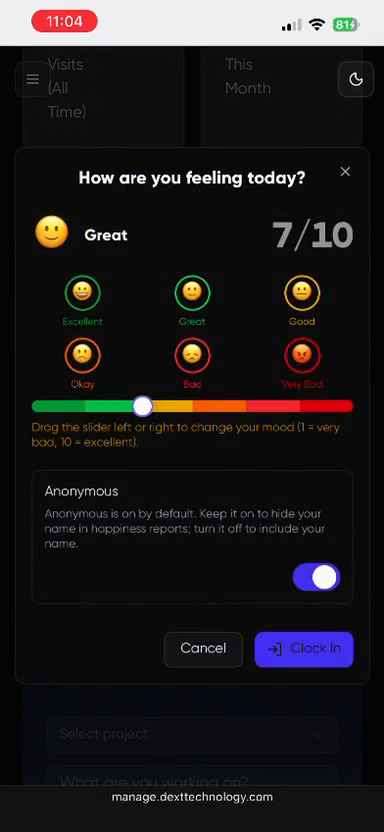 Step #2: Optionally adjust the mood slider to share how you're feeling, then tap Clock In at the bottom of the modal.