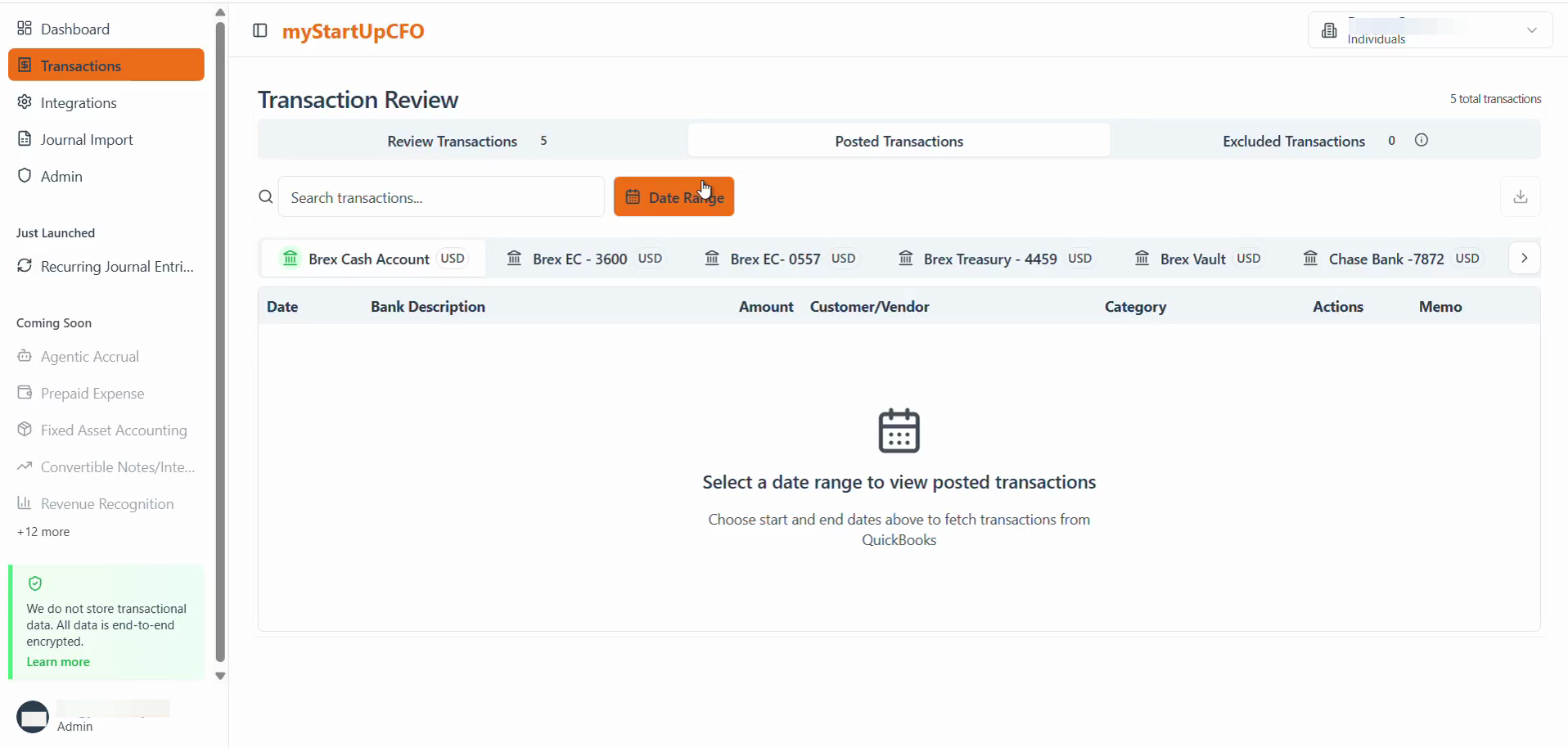 Step #2: Click the Date Range button on the Transaction Review page to open the date picker.