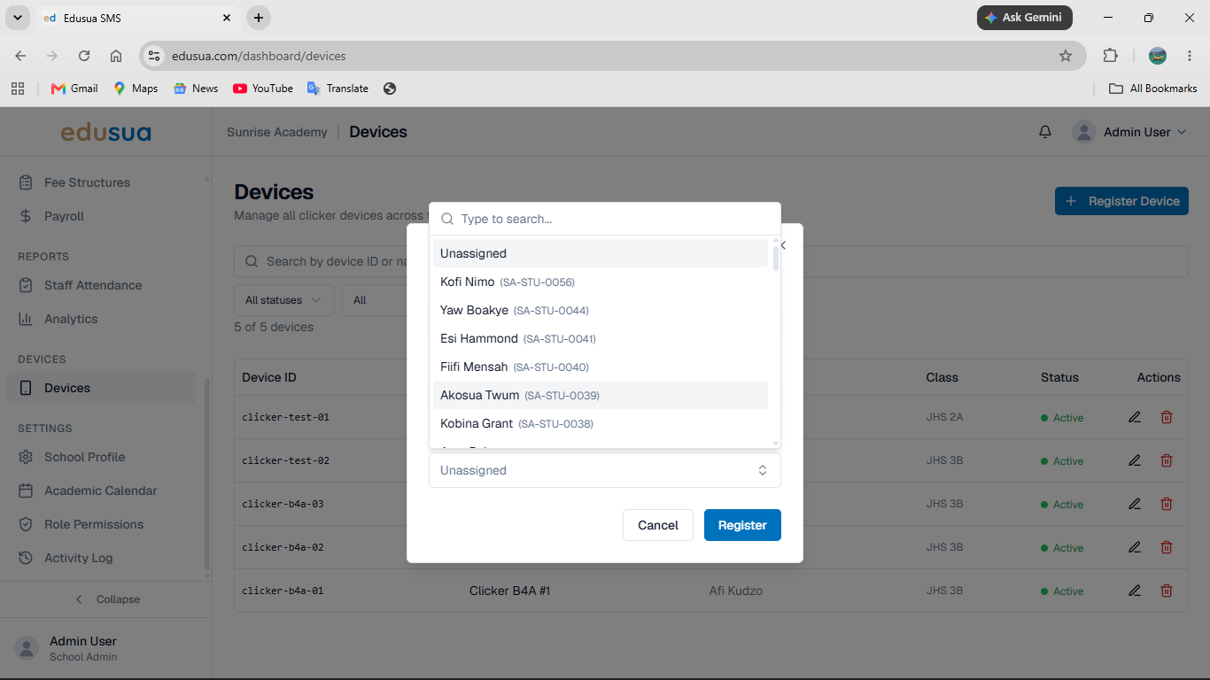 Step #6: Click Akosua Twum to assign the device to the student.