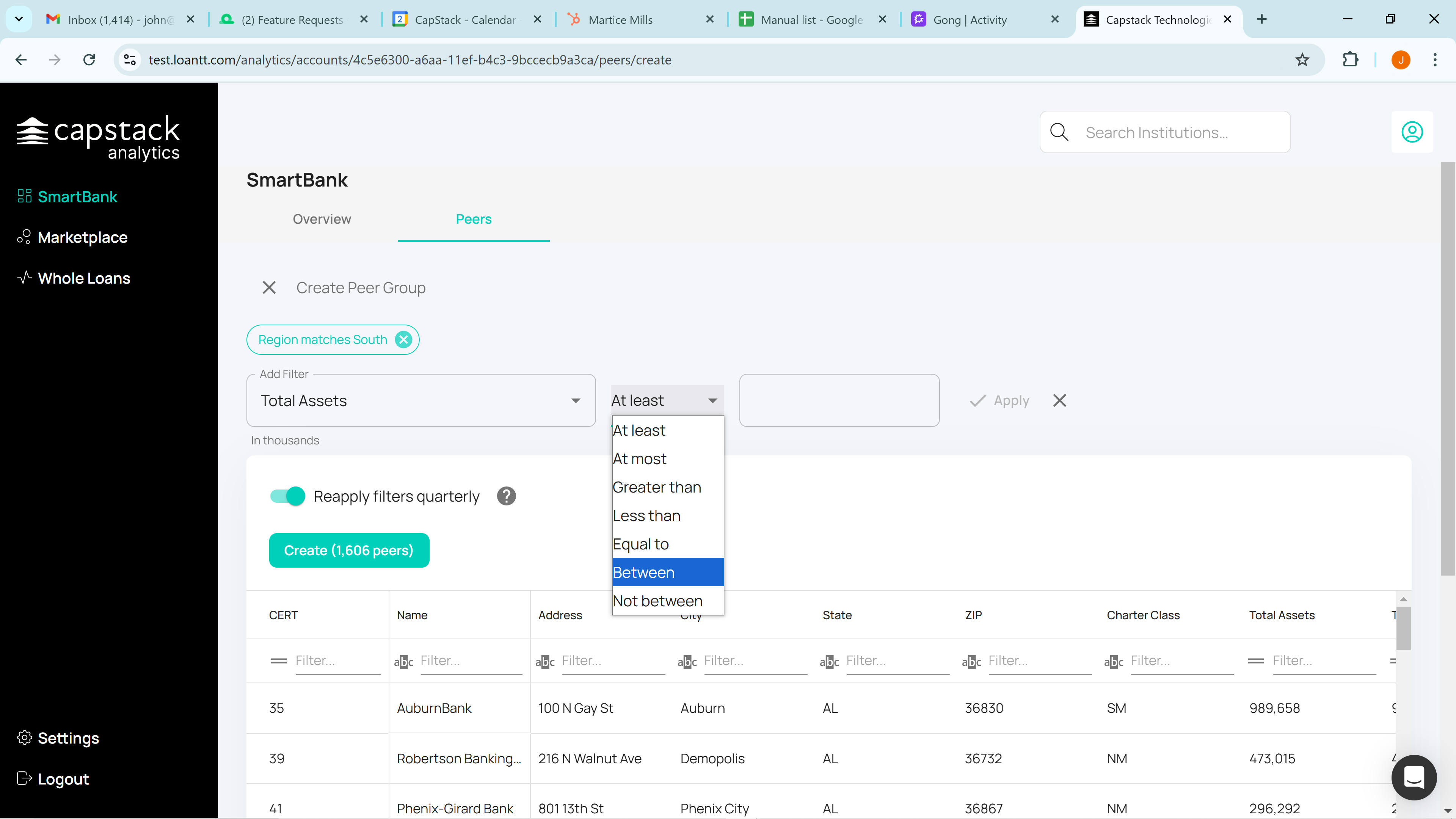 Step #12: We want total assets between $3 billion and $5 billion so click on "between" in the dropdown menu.