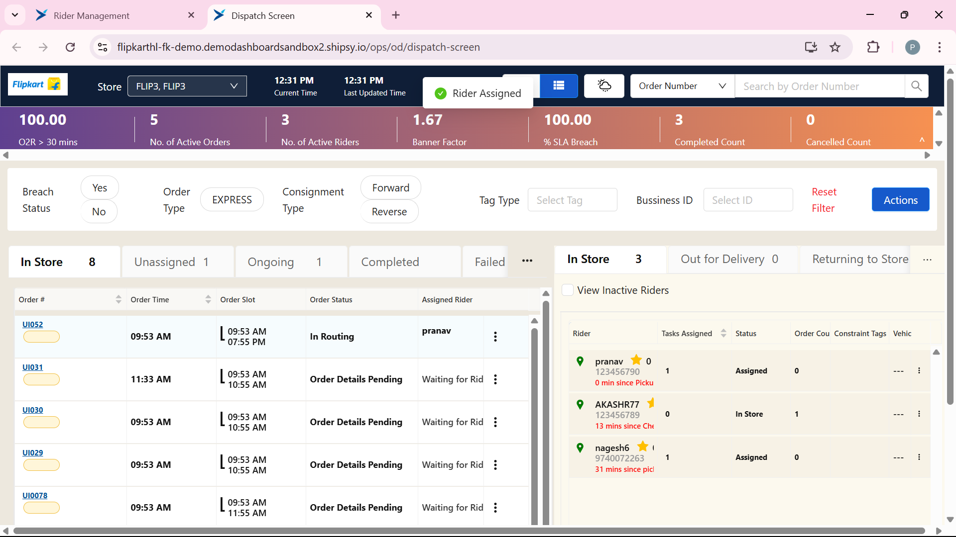 Step #12: You can see "Rider Assigned" message is appears means the order is successfully assigned to rider