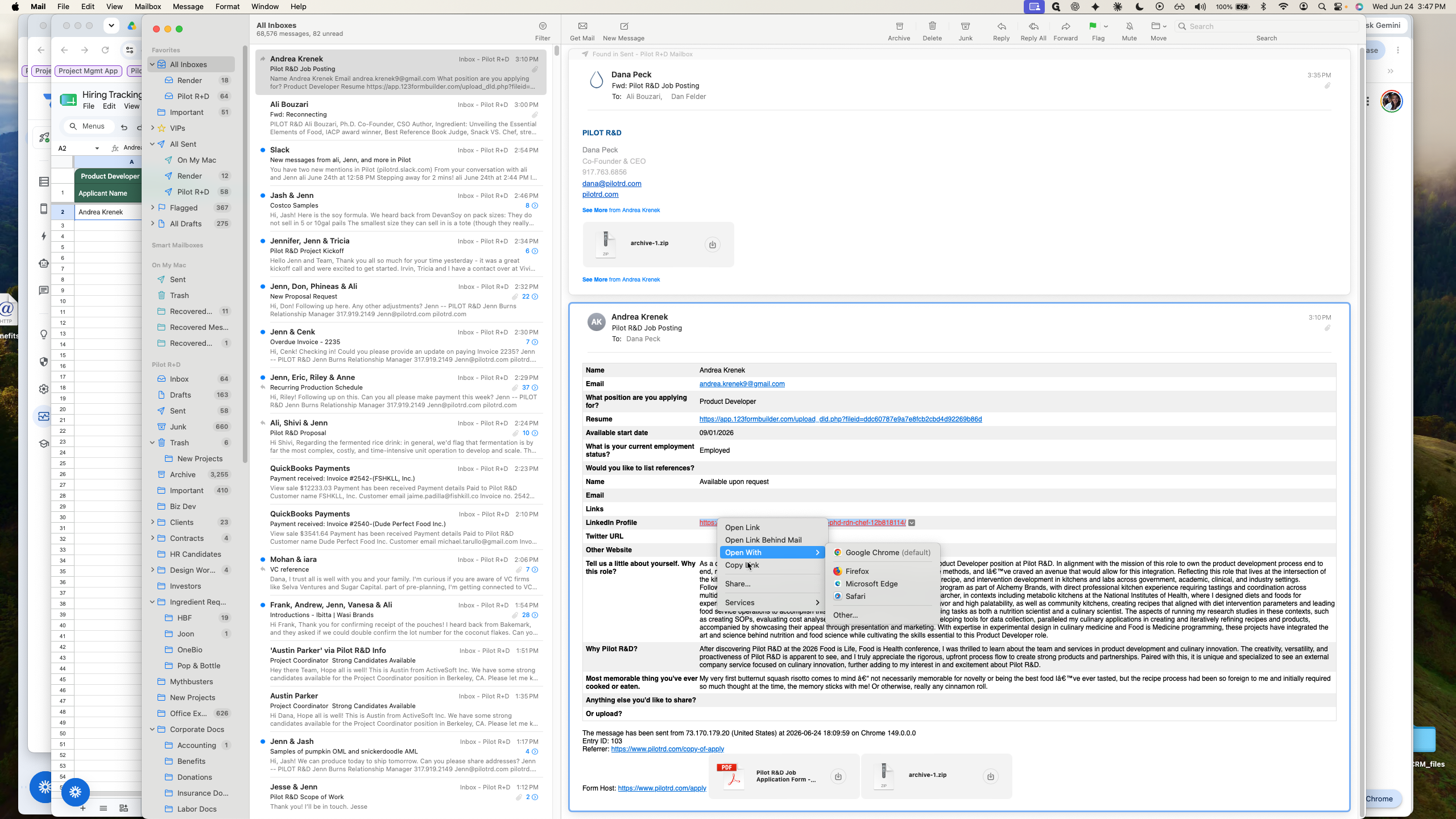Step #9: Return to the application email, right-click the applicant's LinkedIn URL, and select Copy link.
