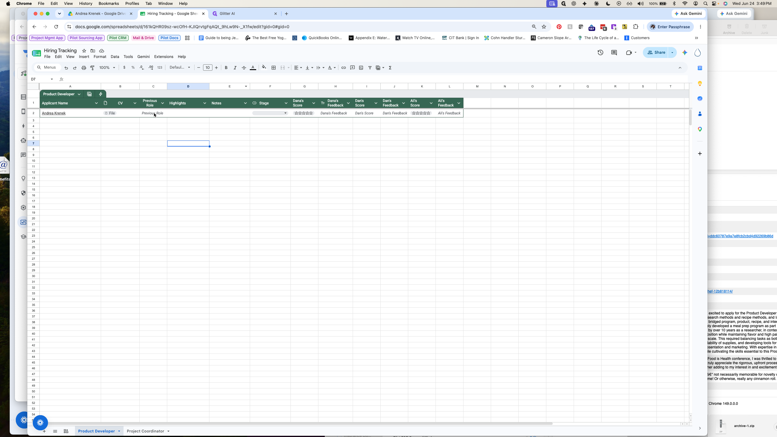 Step #23: Switch back to your tracking spreadsheet and click the Previous Role cell for the applicant.