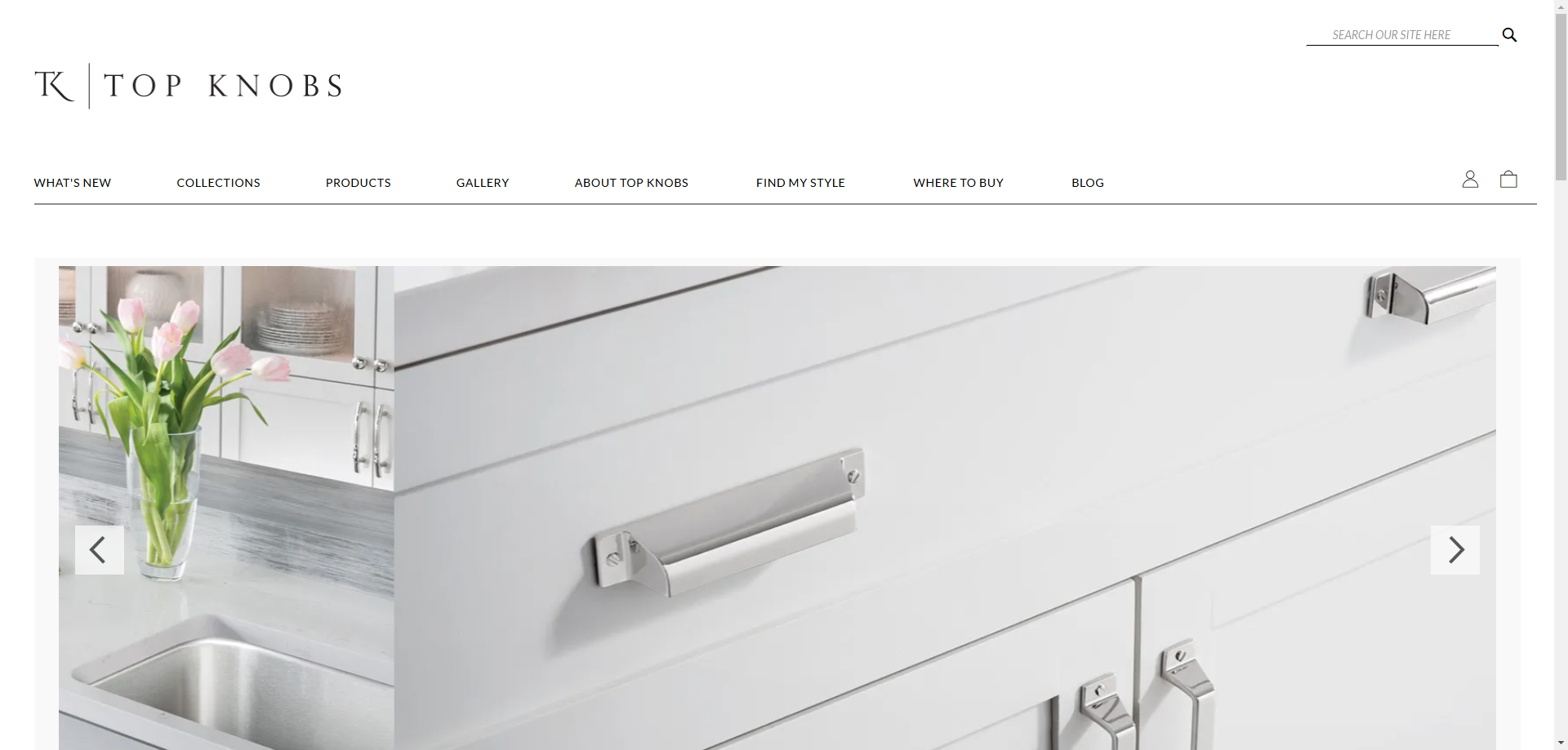 Step #1: Today, I'll show you how to order decorative hardware through Topknobs. Start by visiting their website. At the top of the page, click the person icon.