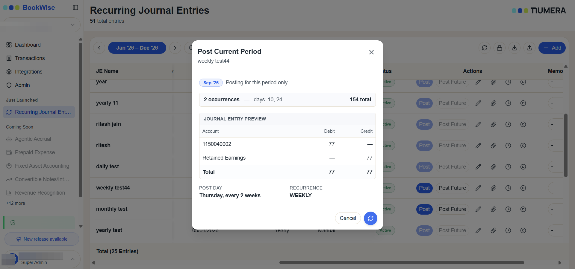 Step #2: Review the entry details in the Post Current Period modal, then click Confirm Post to finalize the journal entry.