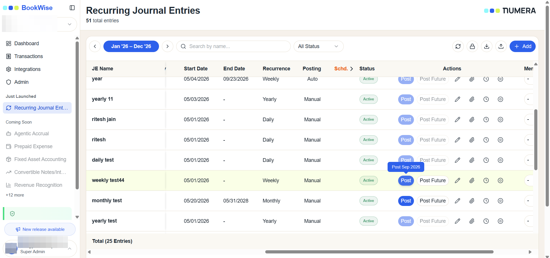 Step #1: Go to the Recurring Journal Entries section and Locate the entry you want to process and click the Post button in its row.