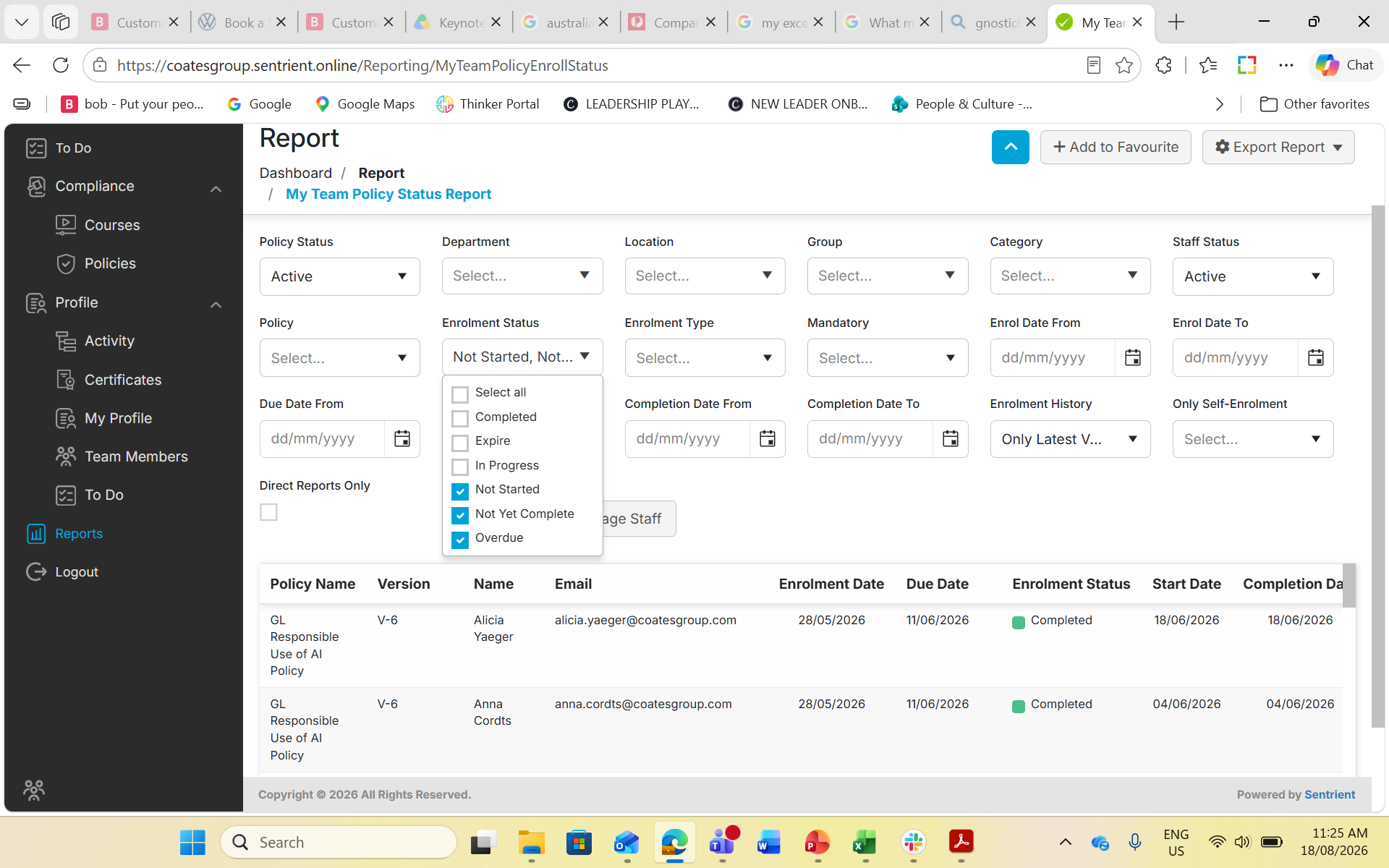 Step #12: Click the Enrolment Status dropdown to refine the results by completion state.