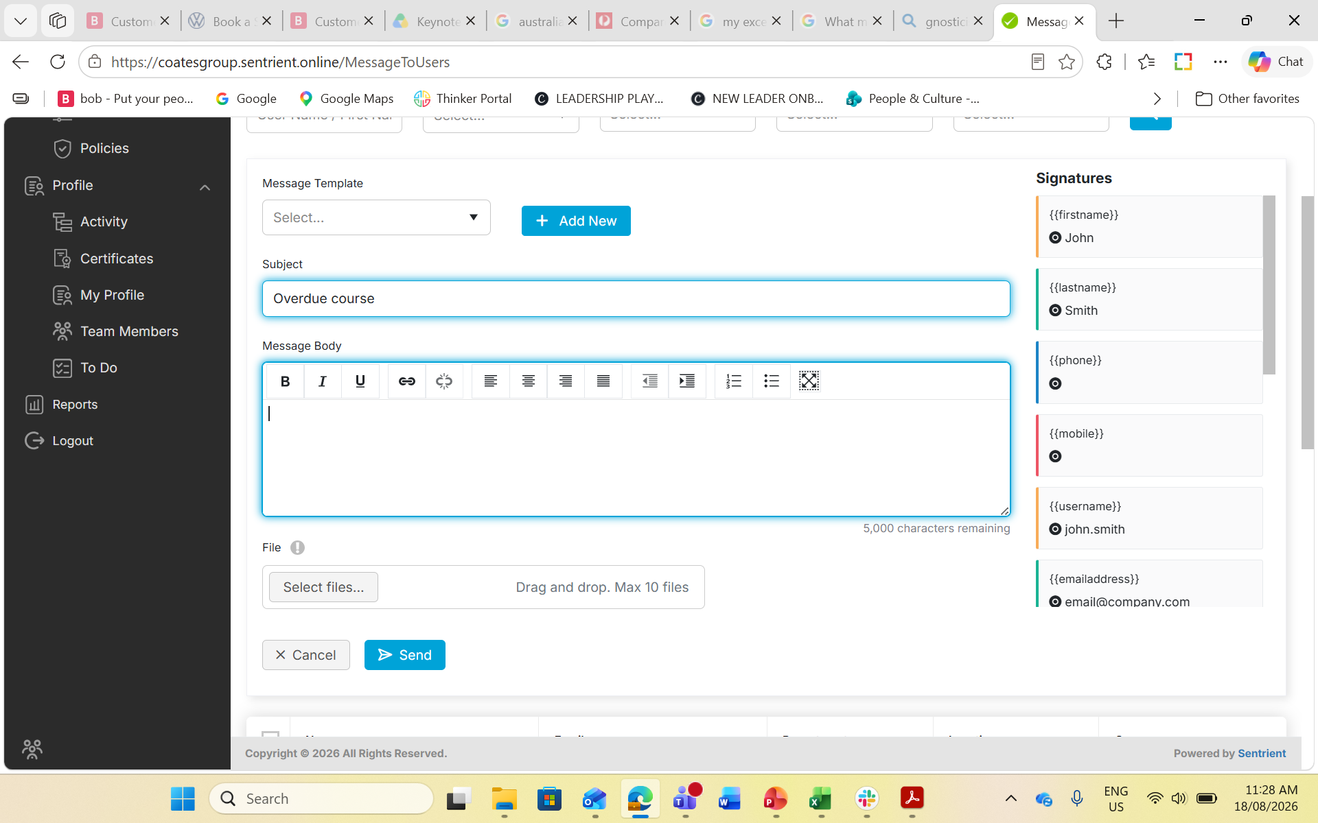 Step #19: Click Send to dispatch the message to all selected staff.