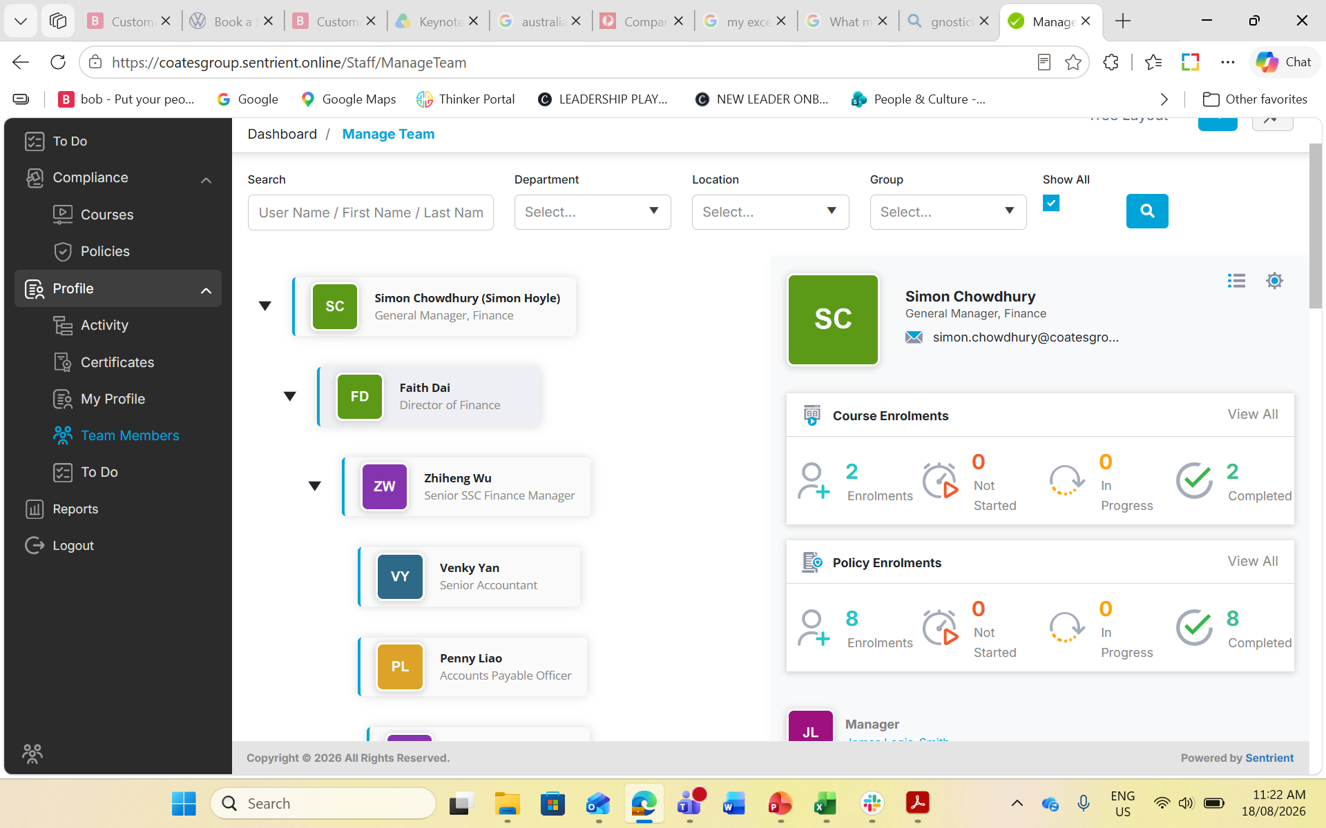 Step #2: Click on a team member's name in the hierarchy tree to view their personal course and policy enrolments.