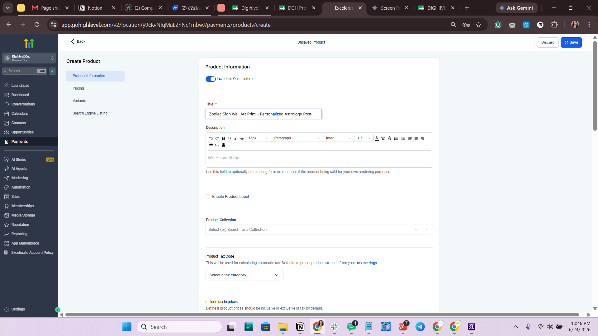 Step #20: Click inside the product description editor block.