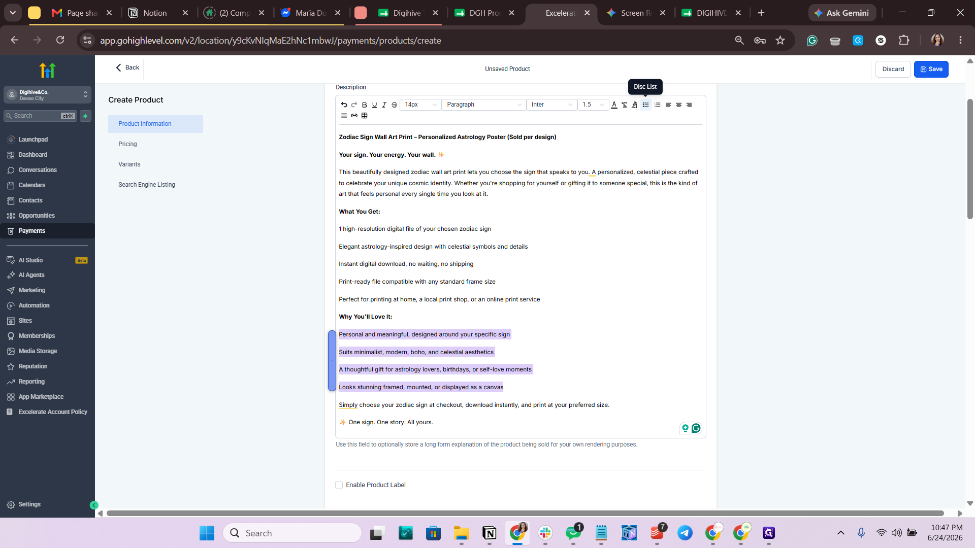 Step #30: Click the Bulleted List icon in the rich text toolbar.