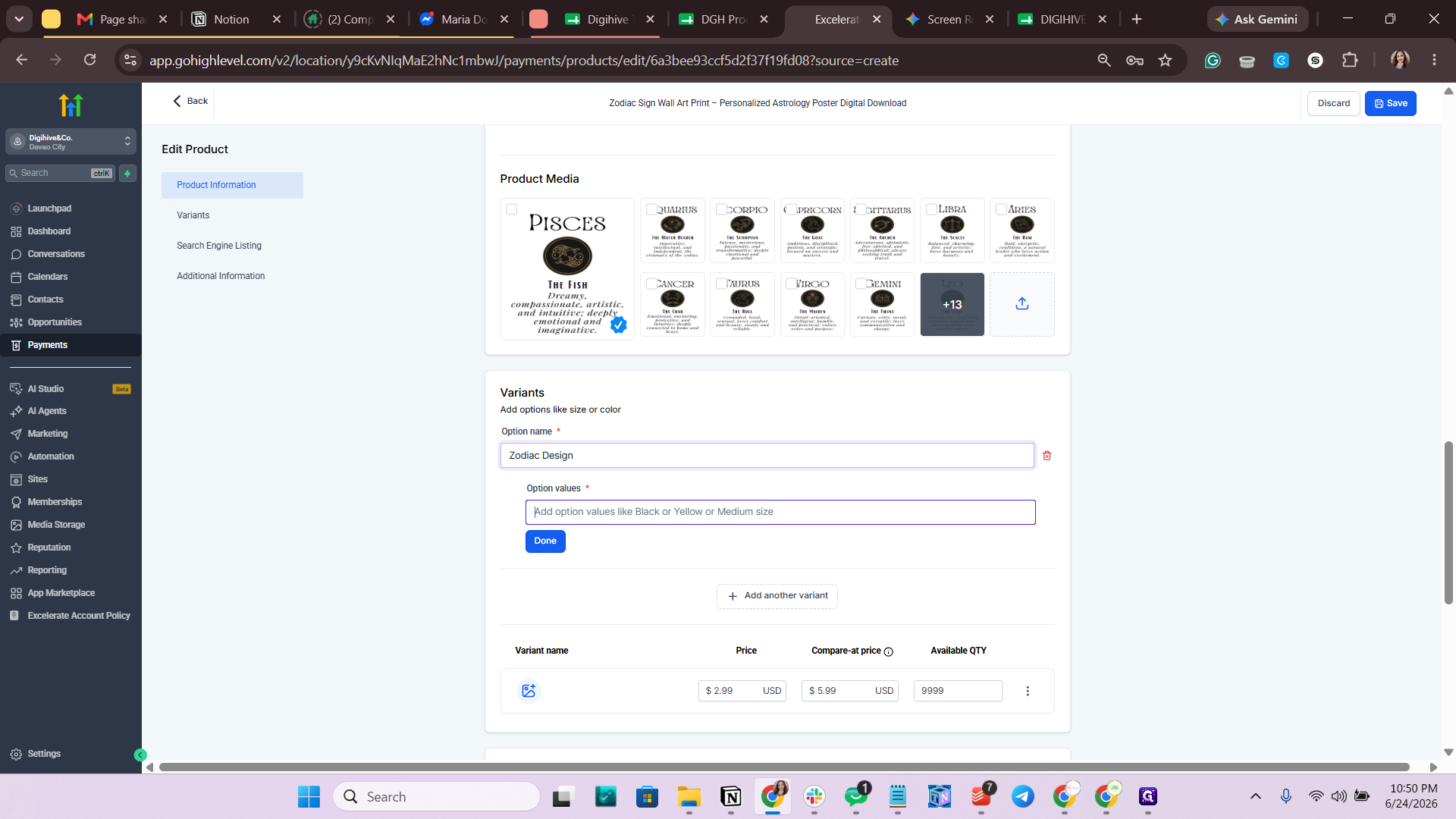 Step #56: Click into the Option values box and type or paste your variant names (e.g., Typography & Illustration).
