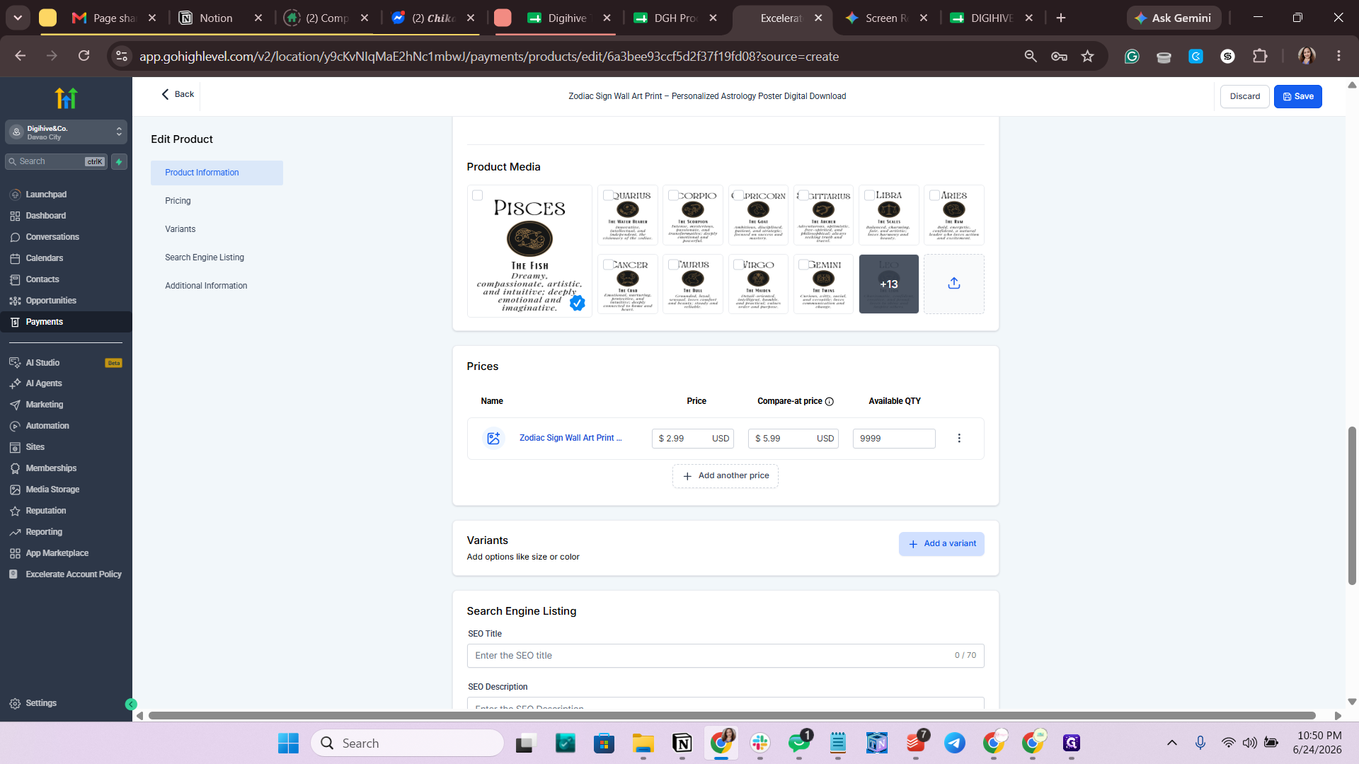 Step #54: After saving, scroll to the Variants section and click + Add a variant.