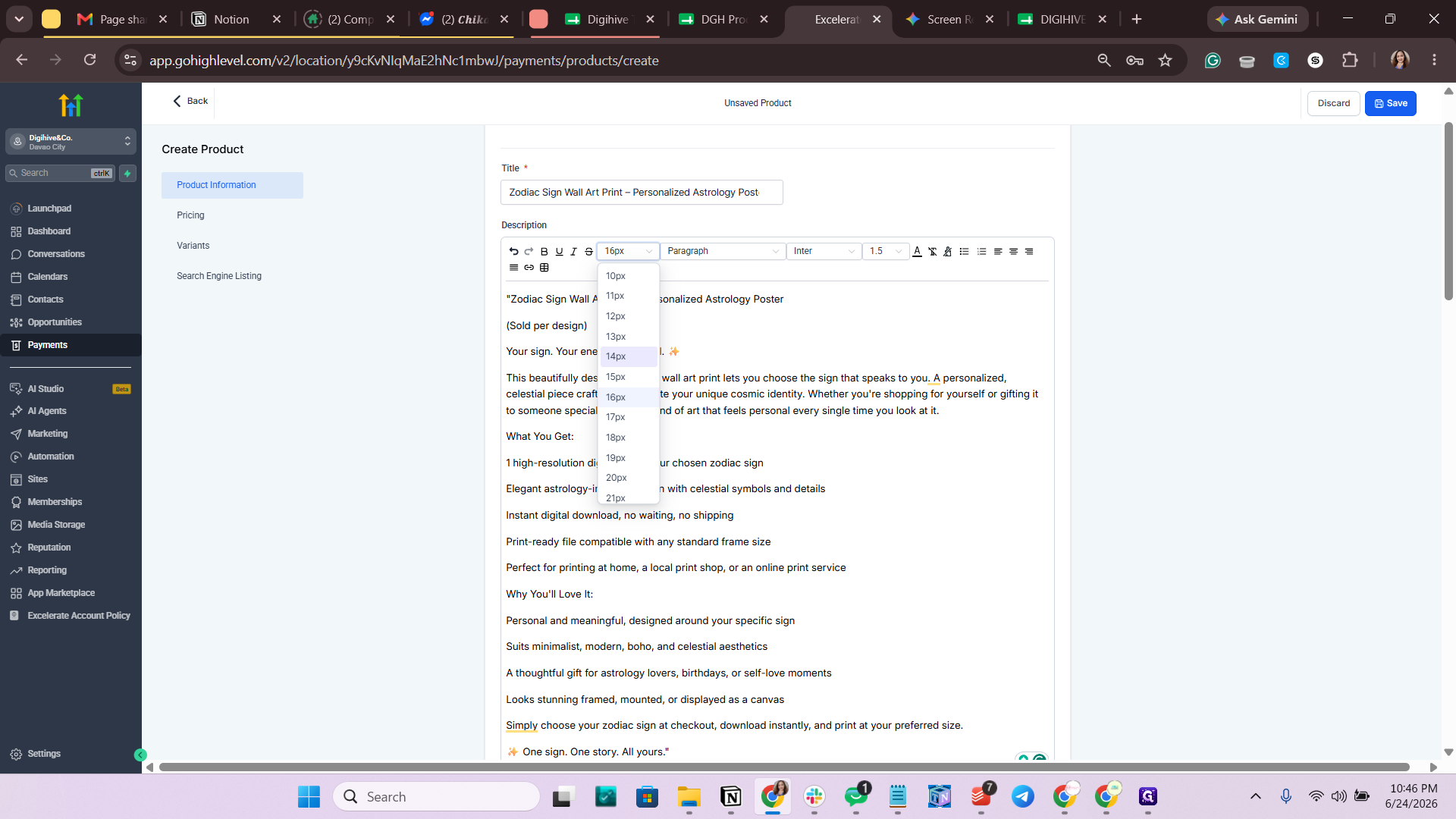 Step #23: Click the font size dropdown in the toolbar and select 14px.