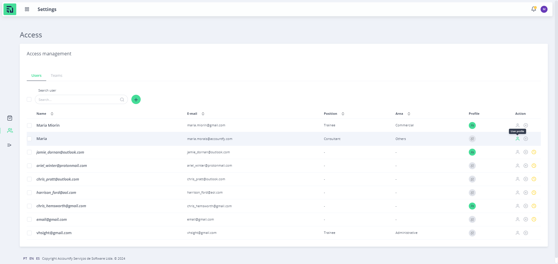 Step #1:  Para editar as configurações de acesso do usuário, clique no ícone de Usuário para acessar a de "Perfil do usuário"