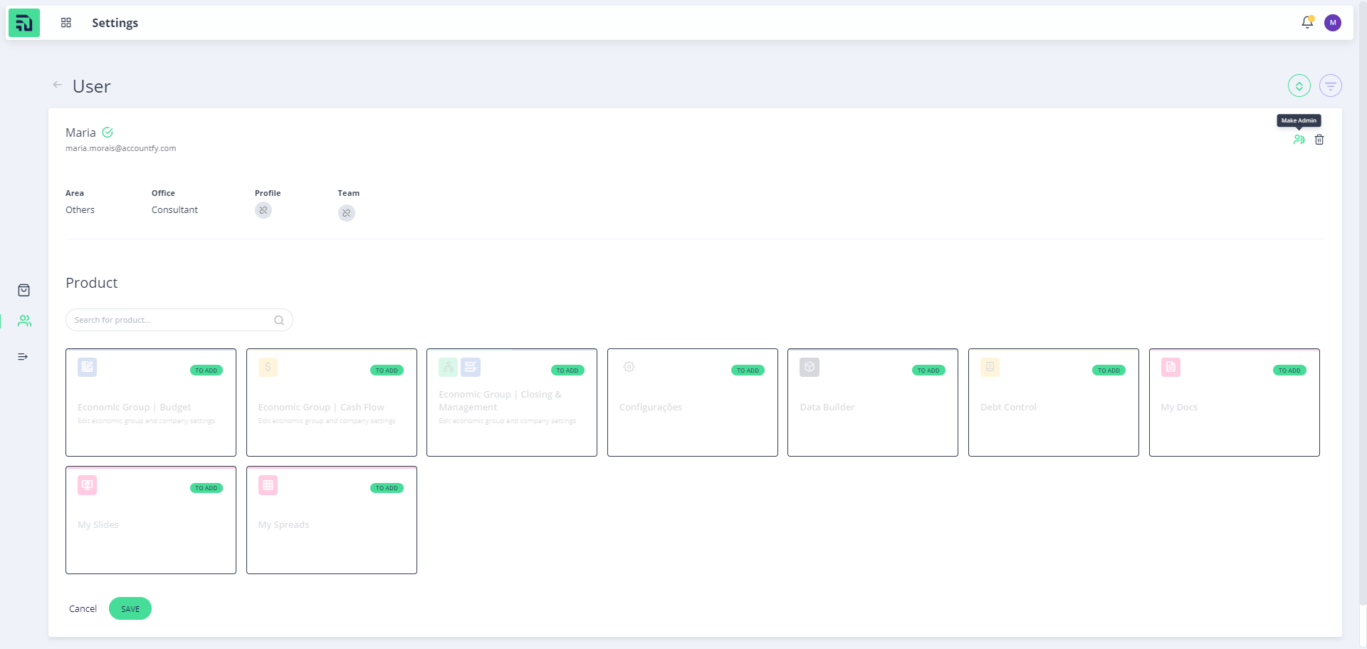 Step #2: Para tornar um usuário admin após o convite na plataforma, clique no ícone de Configurações do usuário na tela de perfil do usuário. Em seguida, salve a edição.