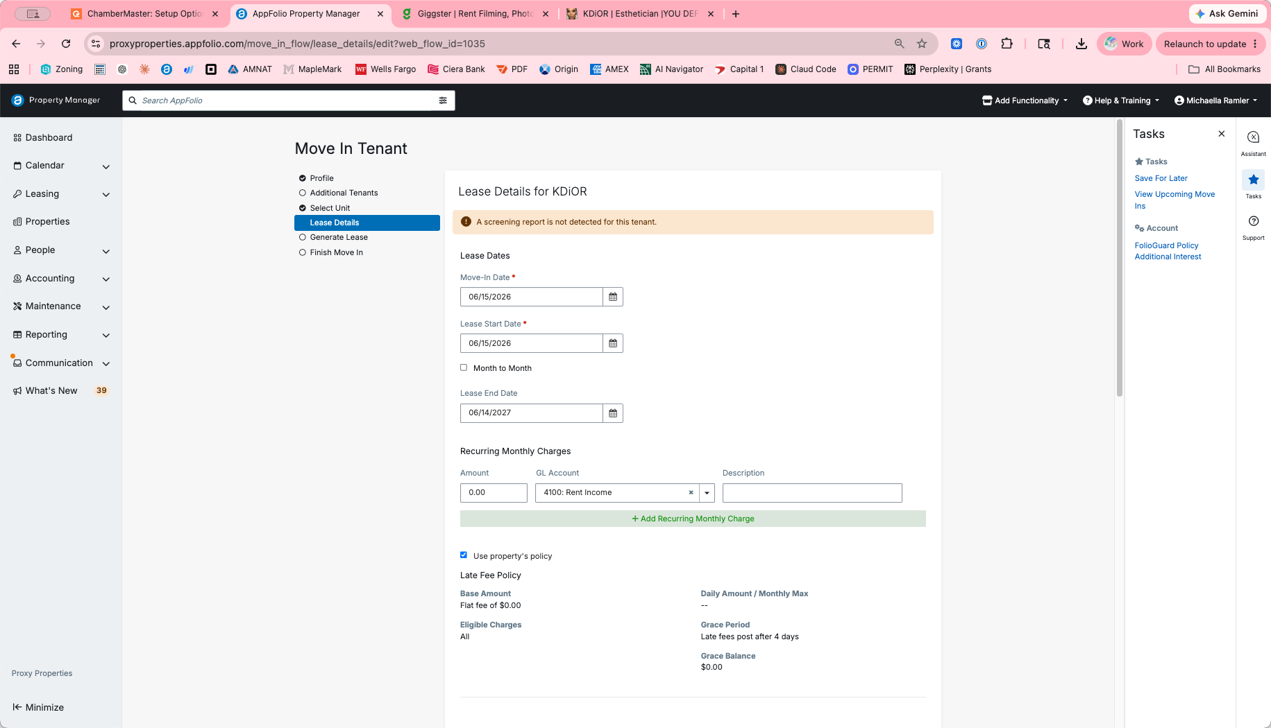 Step #6: Set the lease parameters by selecting the move-in date, lease start date, and lease end date.