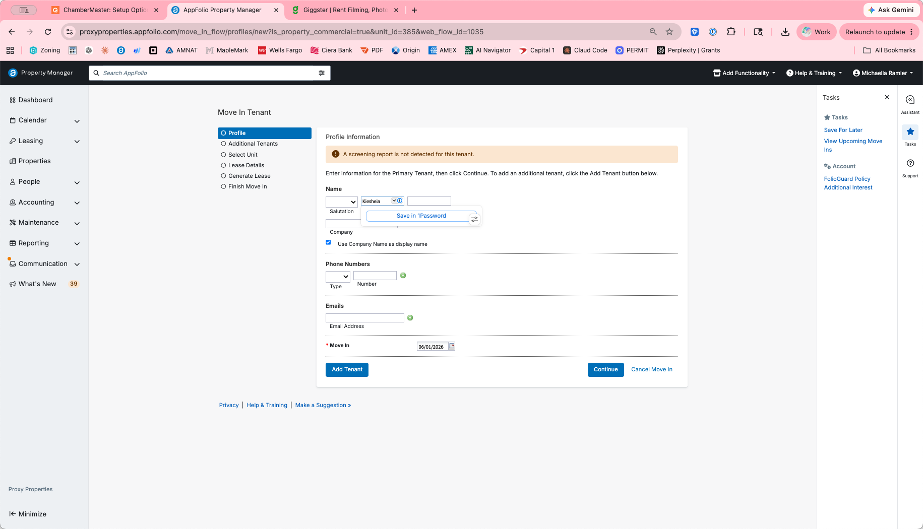 Step #3: Enter the primary tenant's name, email, phone number, and other basic contact details in the profile form.