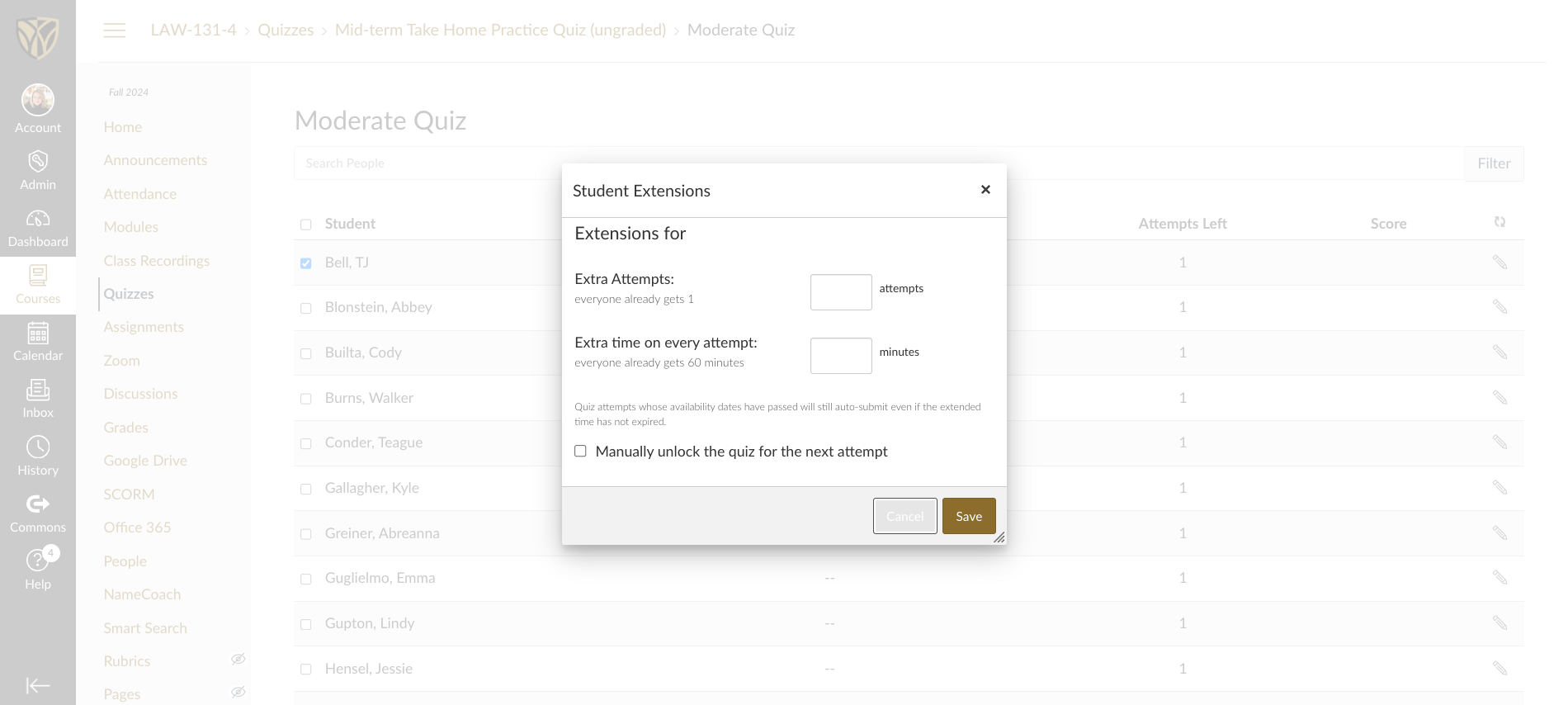Step #7: Click on "Manually unlock the quiz for the next attempt"