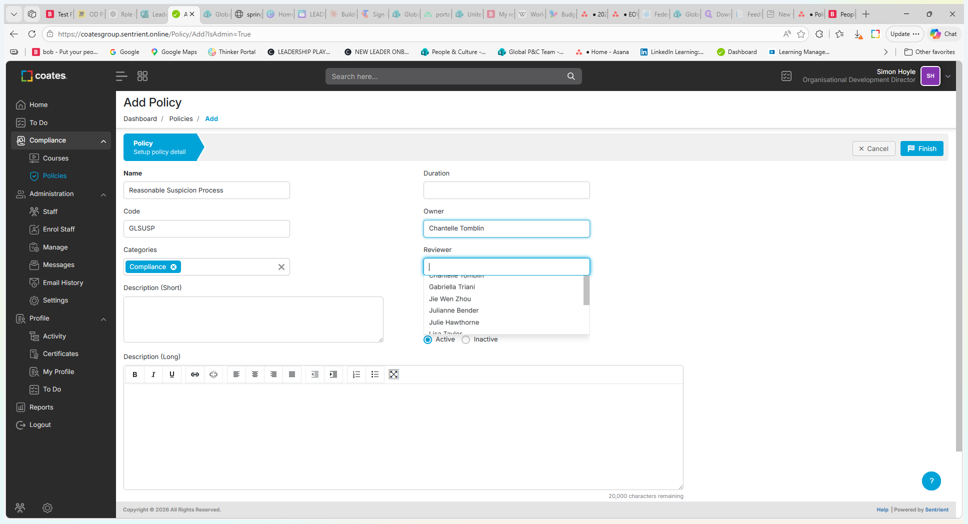 Step #8: Click the Reviewer field and select the team member responsible for maintaining the document.
