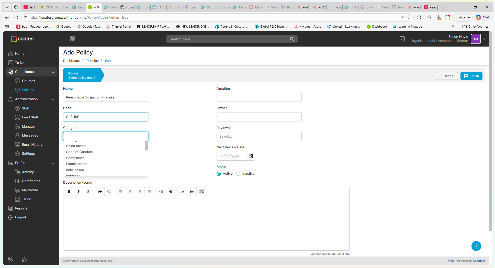 Step #6: Open the Categories dropdown and select the relevant classification. Use the Compliance category for standard requirements targeted at new starters.