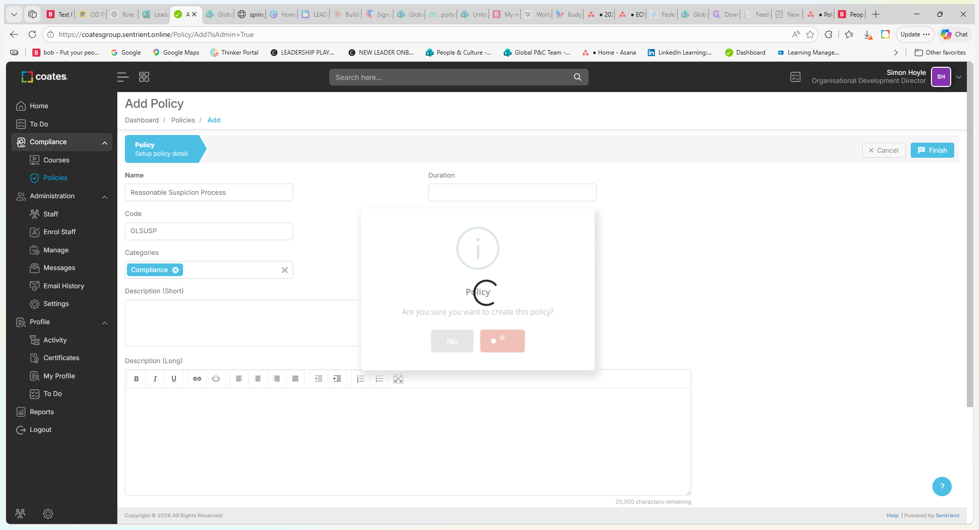 Step #14: Click Yes in the confirmation pop-up to finalize and create the policy.