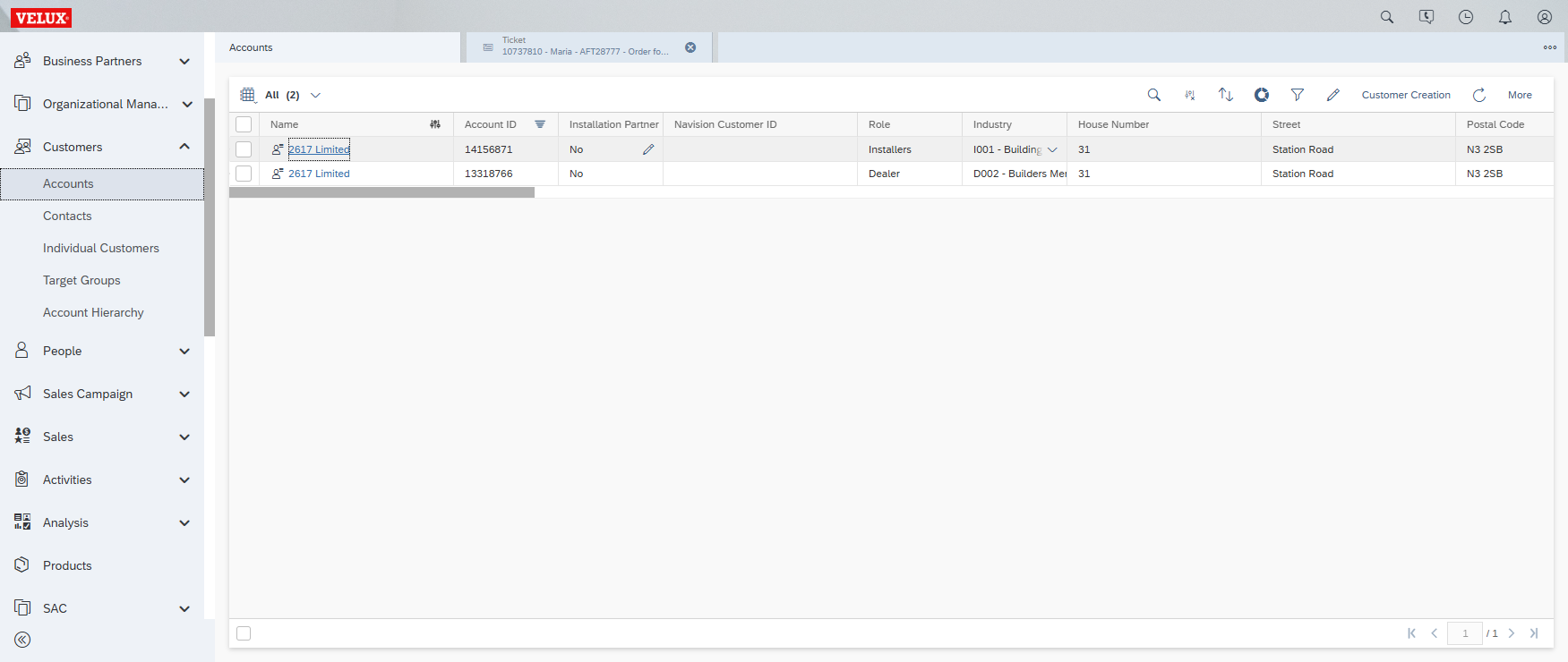 Step #7: Click on the customer account (in this example "82617 Limited")