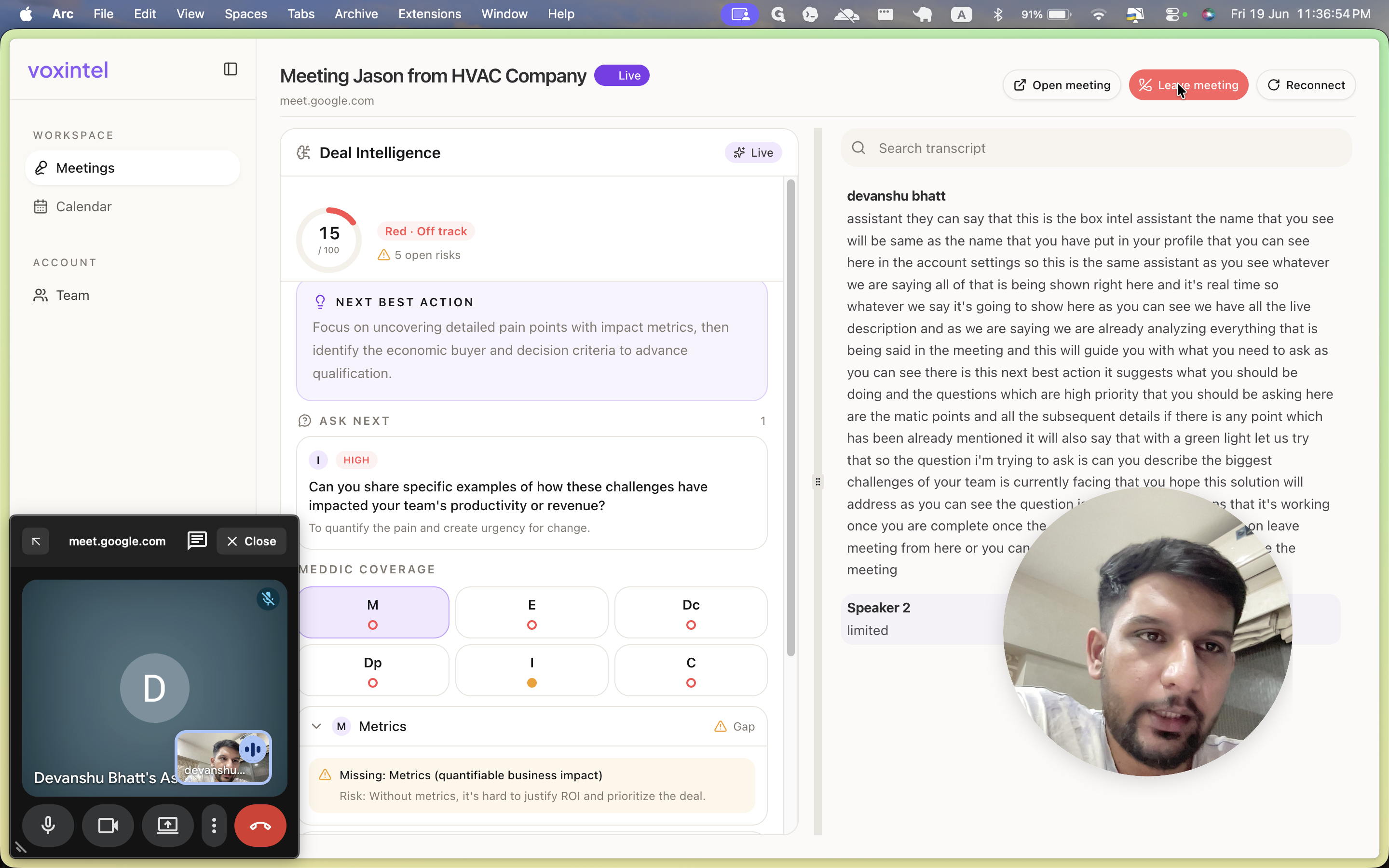 Step #9: When the call is finished, click Leave meeting in the top-right corner of the Voxintel dashboard.