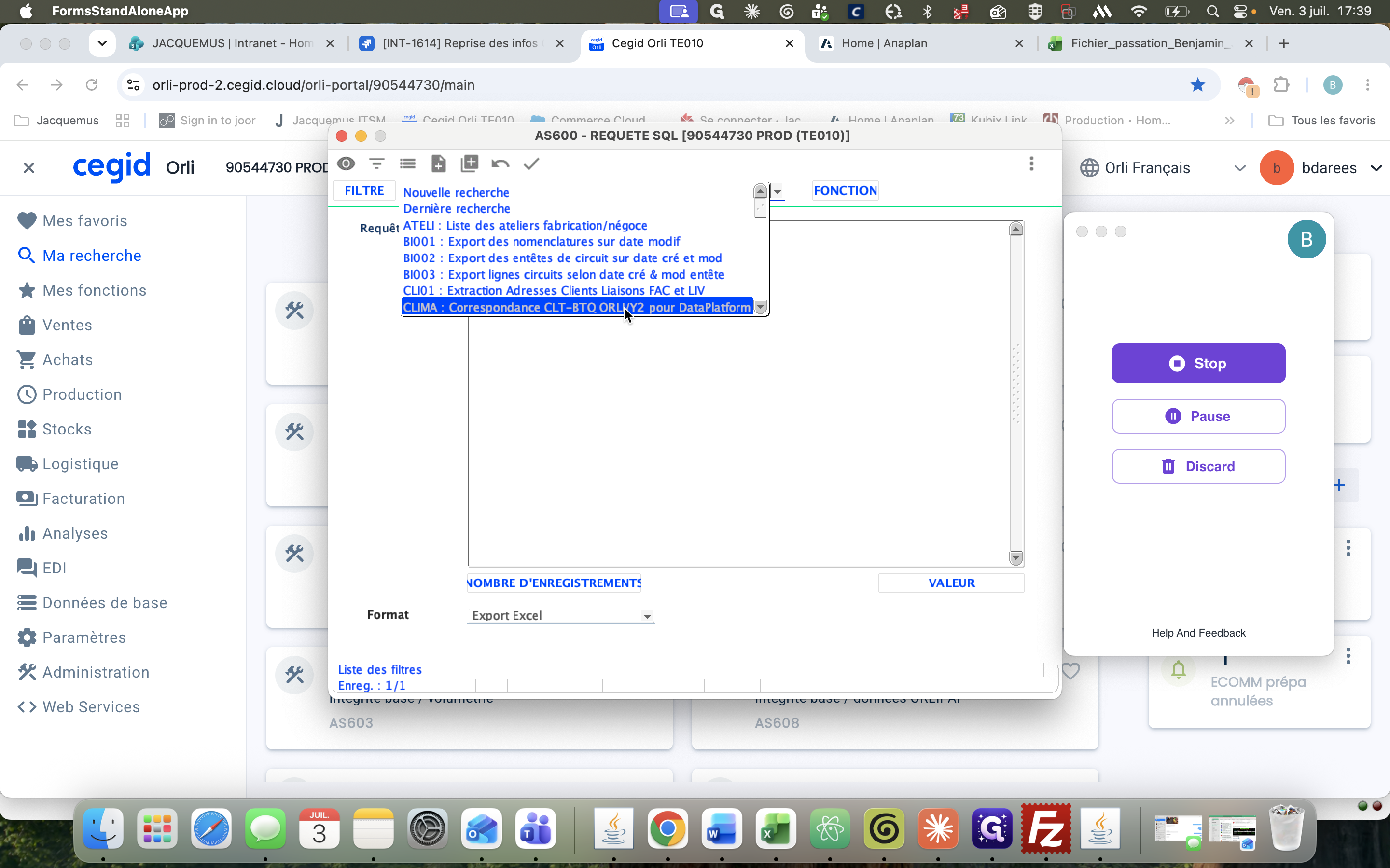 Step #6: Sélectionnez la requête CLIMA : Correspondance CLT - BTQ ORLIKY2 pour DataPlatform.