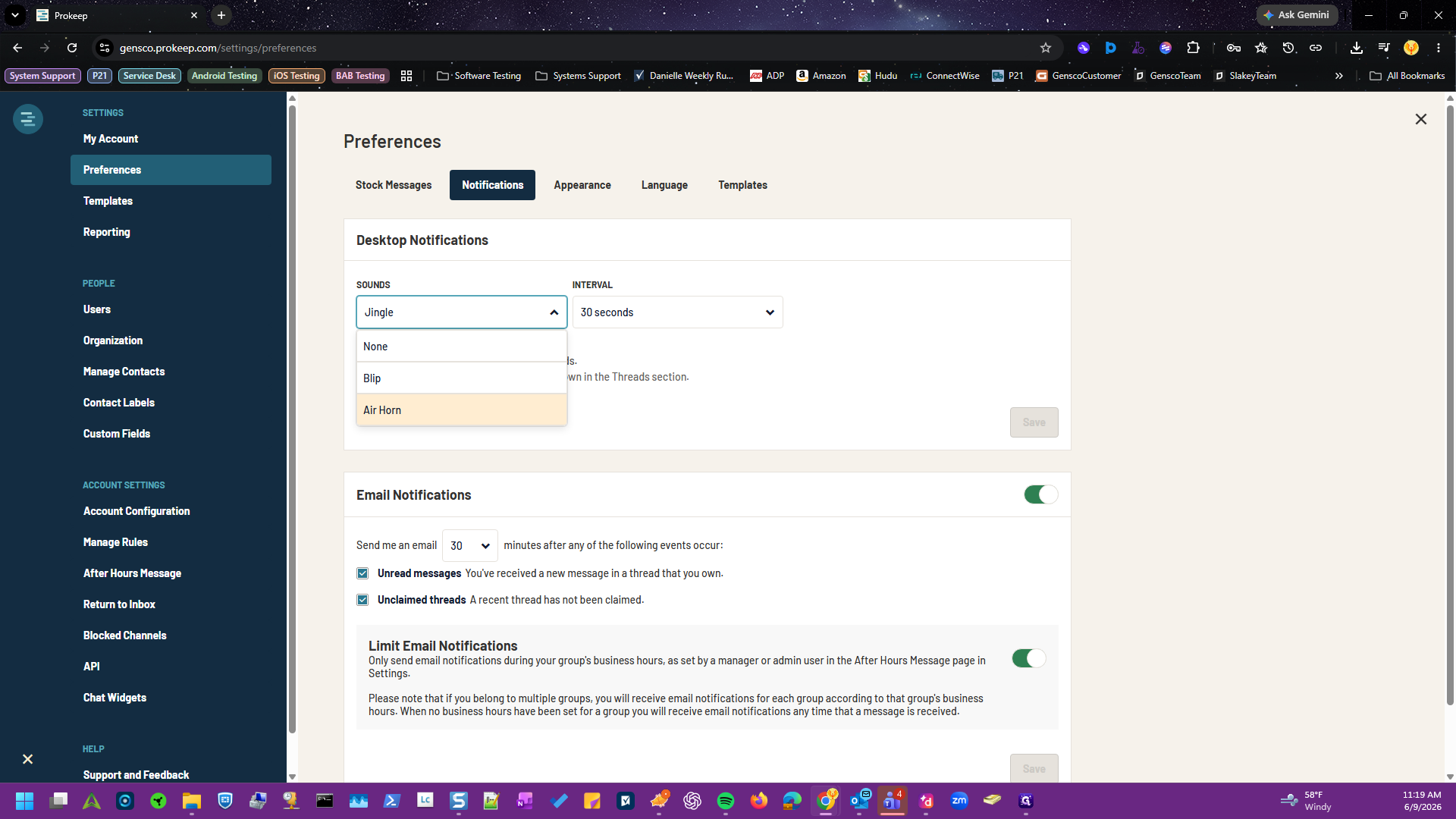 Step #4: Under the Desktop Notifications section, click the sound dropdown menu to select your preferred alert sound (such as Jingle, Blip, or Air Horn), verifying that you are able to hear the preview sound for each as you change between them.