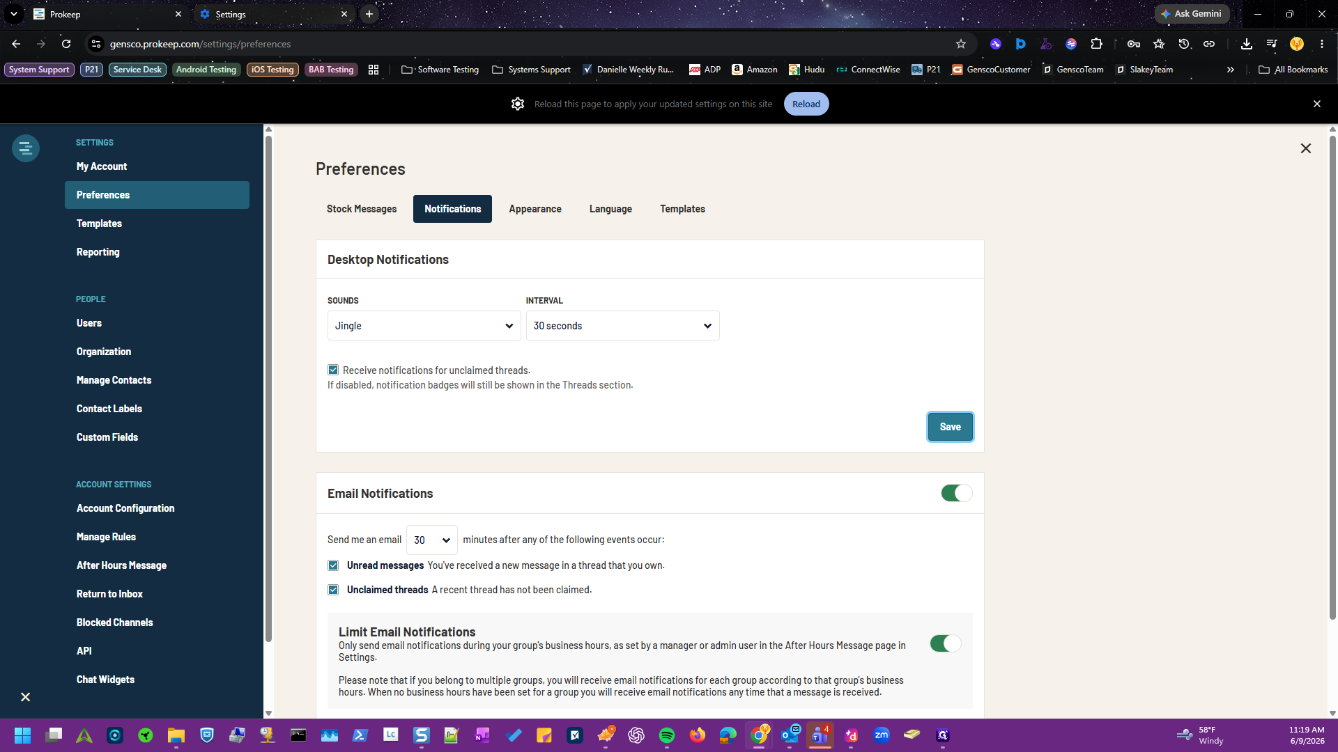 Step #8: Return to your active Prokeep browser tab and click Reload on the notification banner to apply the updated site settings.