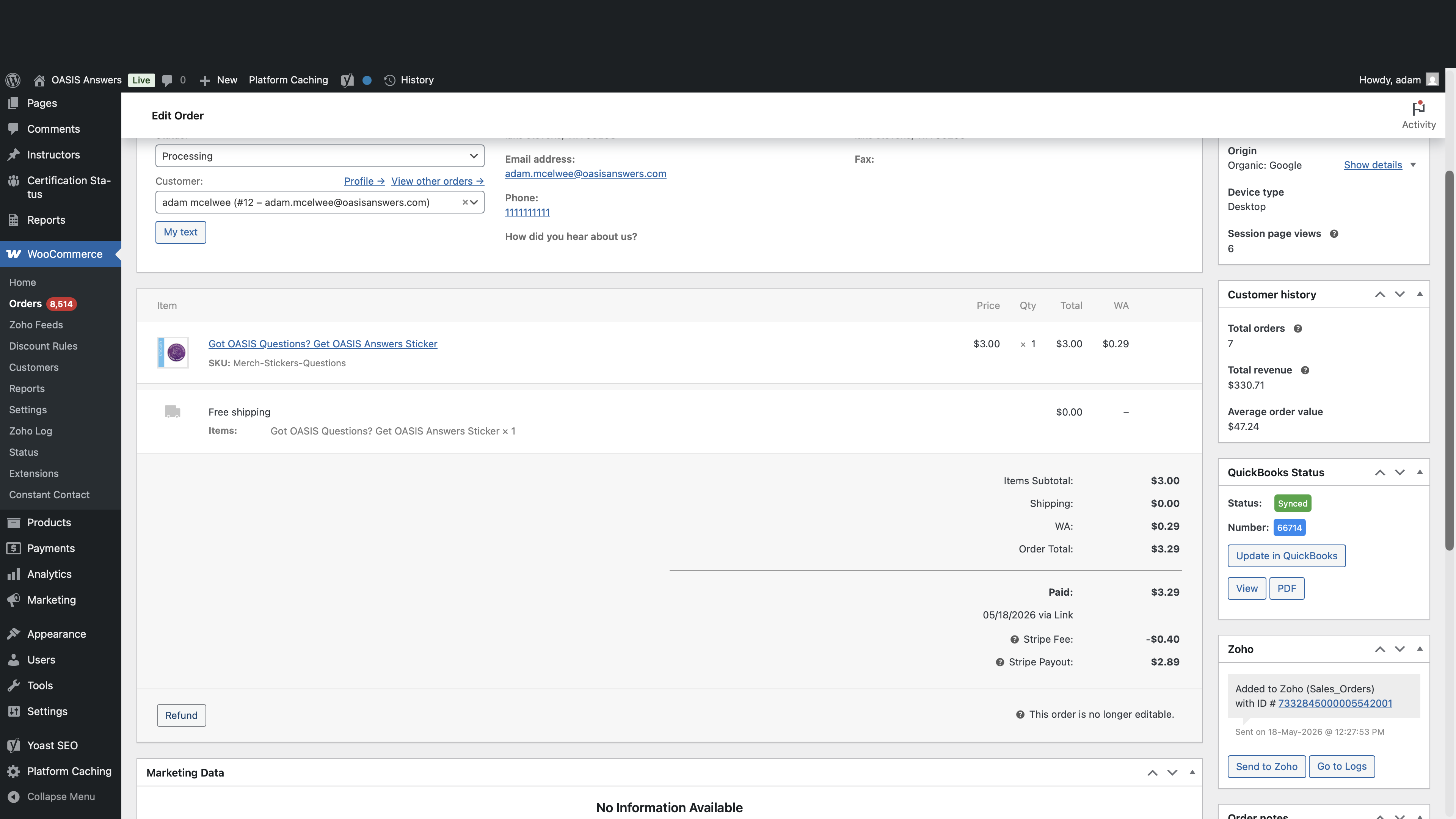Step #3: Scroll to the bottom of the line items section and click the Refund button.