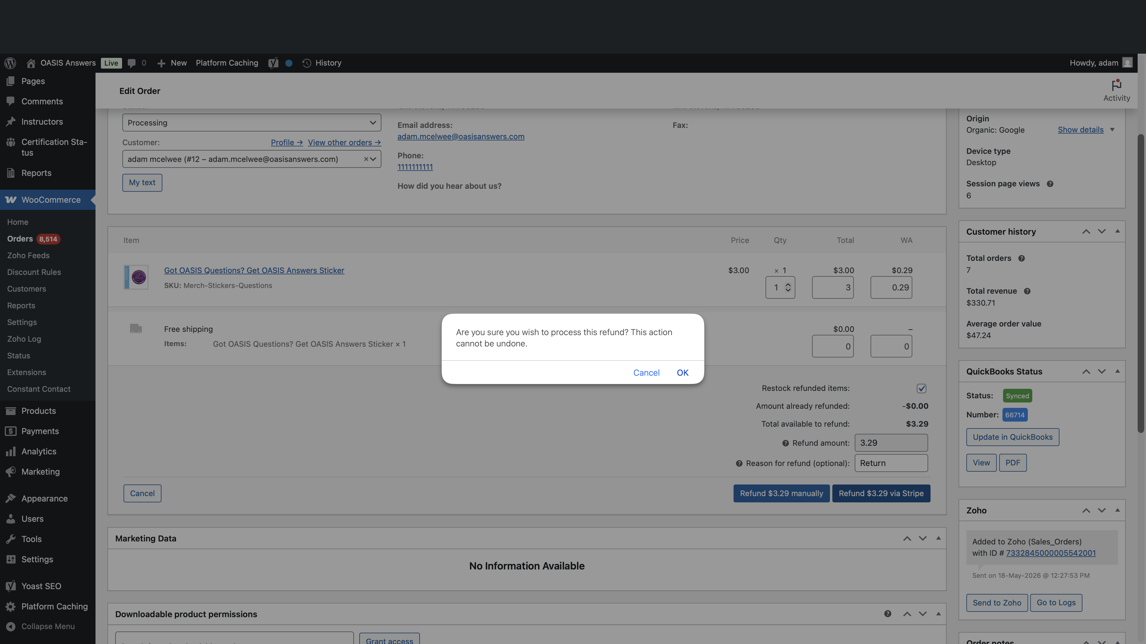 Step #7: Click OK in the browser confirmation dialog to finalize the refund.