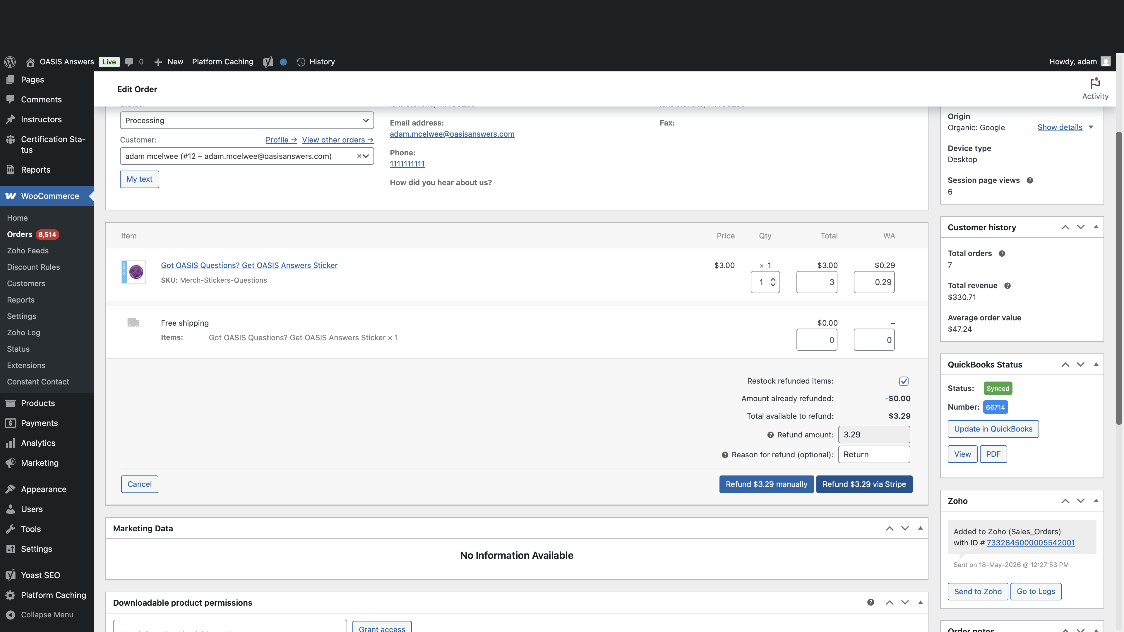 Step #6: Click Refund via Stripe (or the respective button for your active payment gateway) to process the transaction.