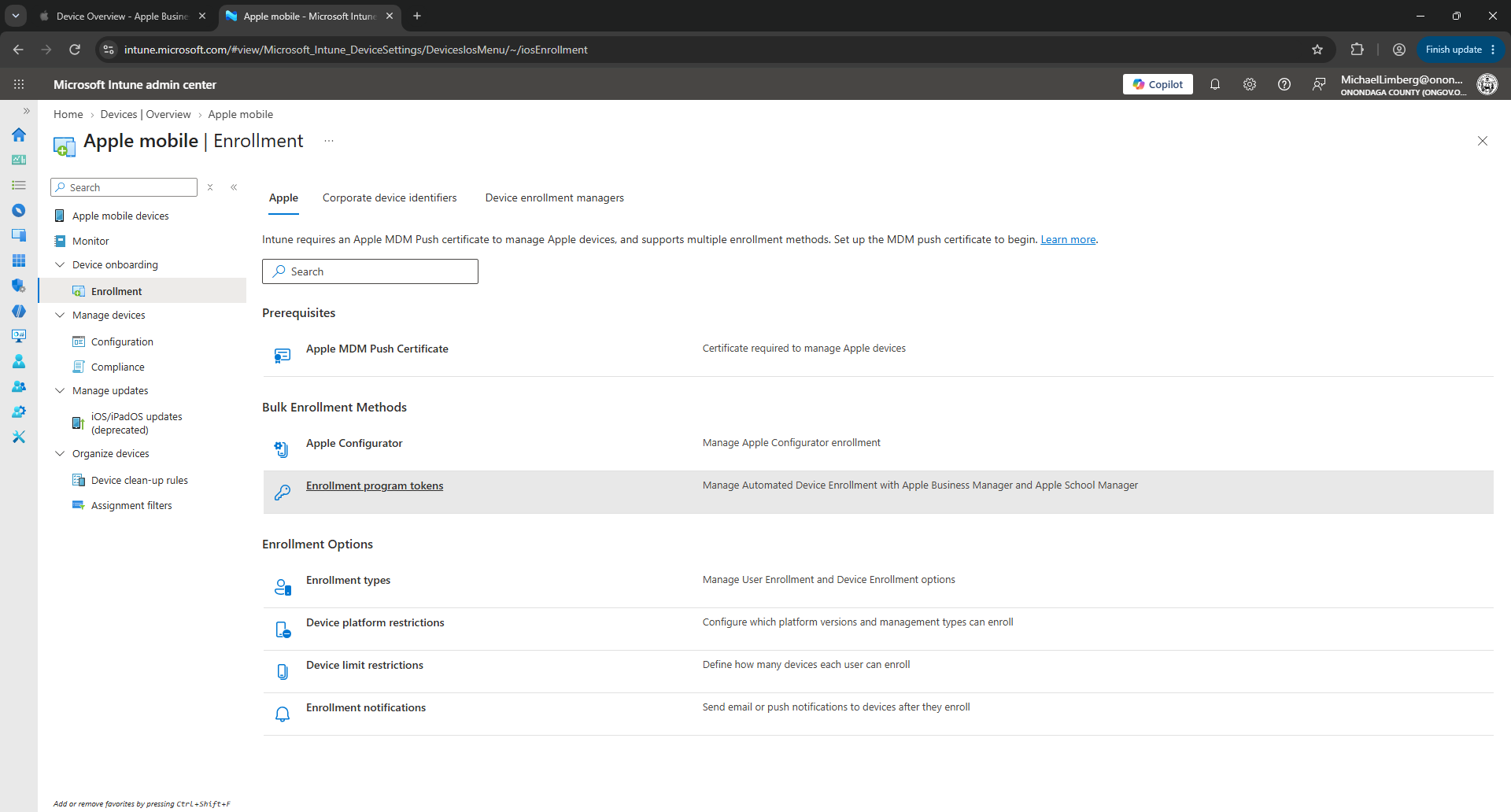 Step #13: Click on Enrollment program tokens under bulk enrollment methods.