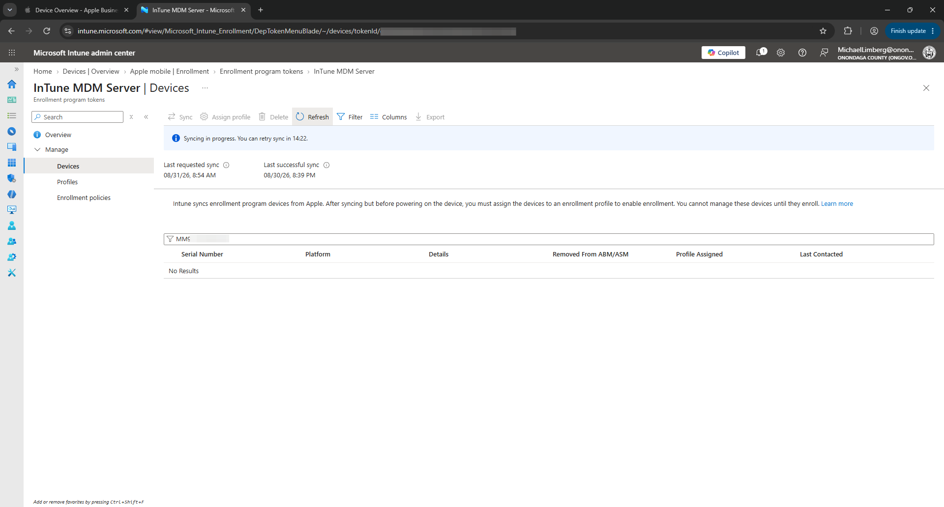 Step #18: Click on Refresh to update the device list once synchronization completes. With the serial number still in the search box, verify a date/time is listed under "Profile Assigned".