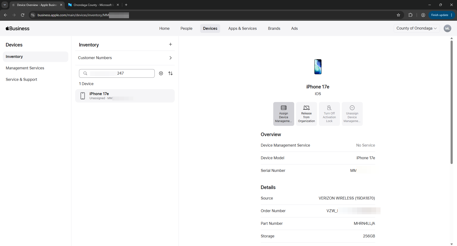Step #4: If Device Management Service lists "No Service," the click on Assign Device Management... in the device details pane. If the device is already assigned to "InTune MDM Server," then proceed to step 9.