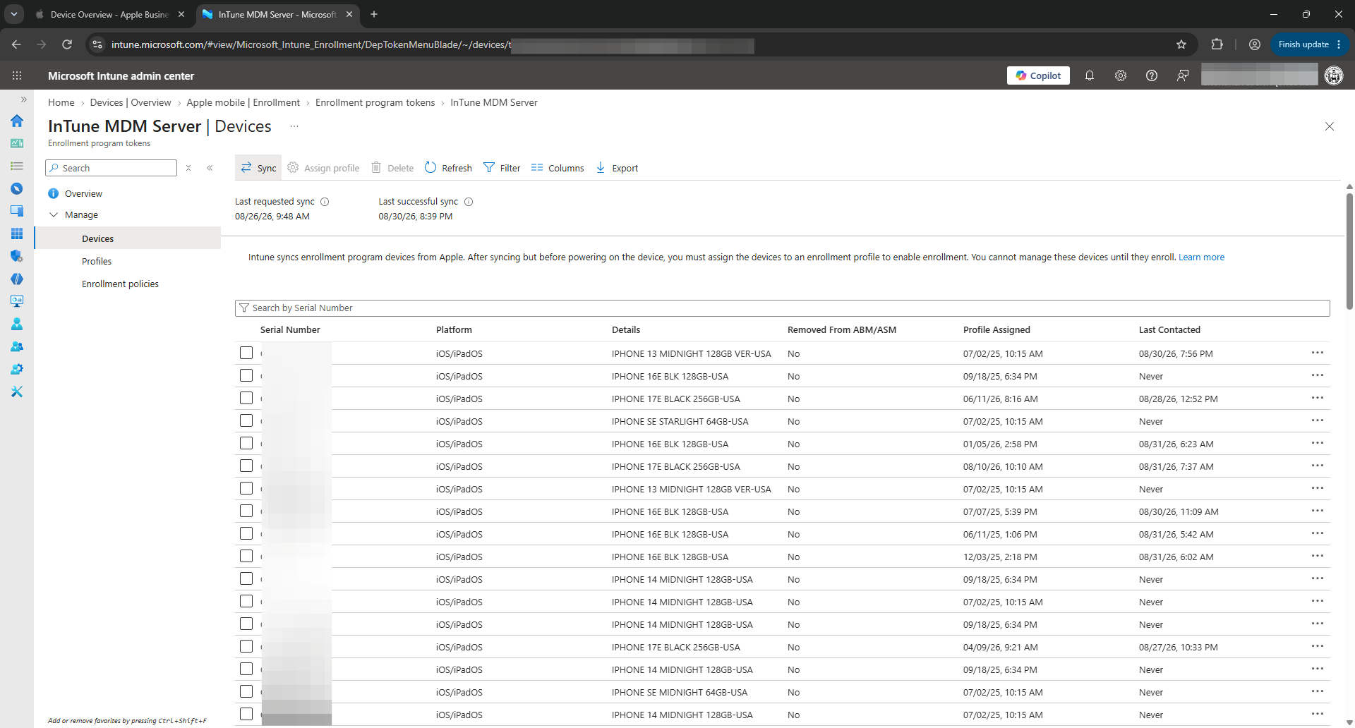 Step #17: Click on Sync in the top toolbar to fetch newly assigned devices from Apple Business Manager.