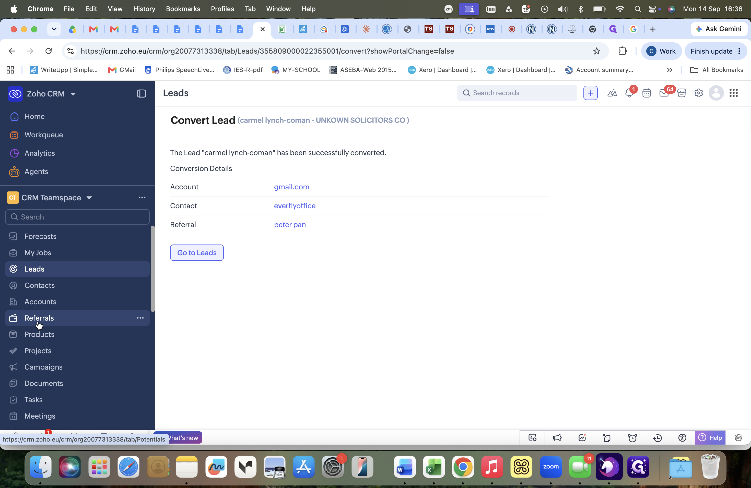 Step #26: Click Referrals in the left sidebar to confirm the new client referral appears in the pipeline under the Enquiry stage.