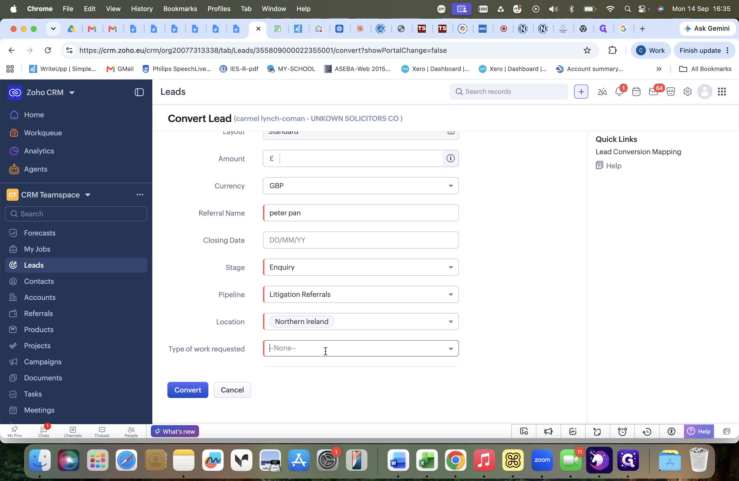 Step #22: Select the requested service from the Type of work requested dropdown menu (e.g., PI ASSESSMENT & REPORT).