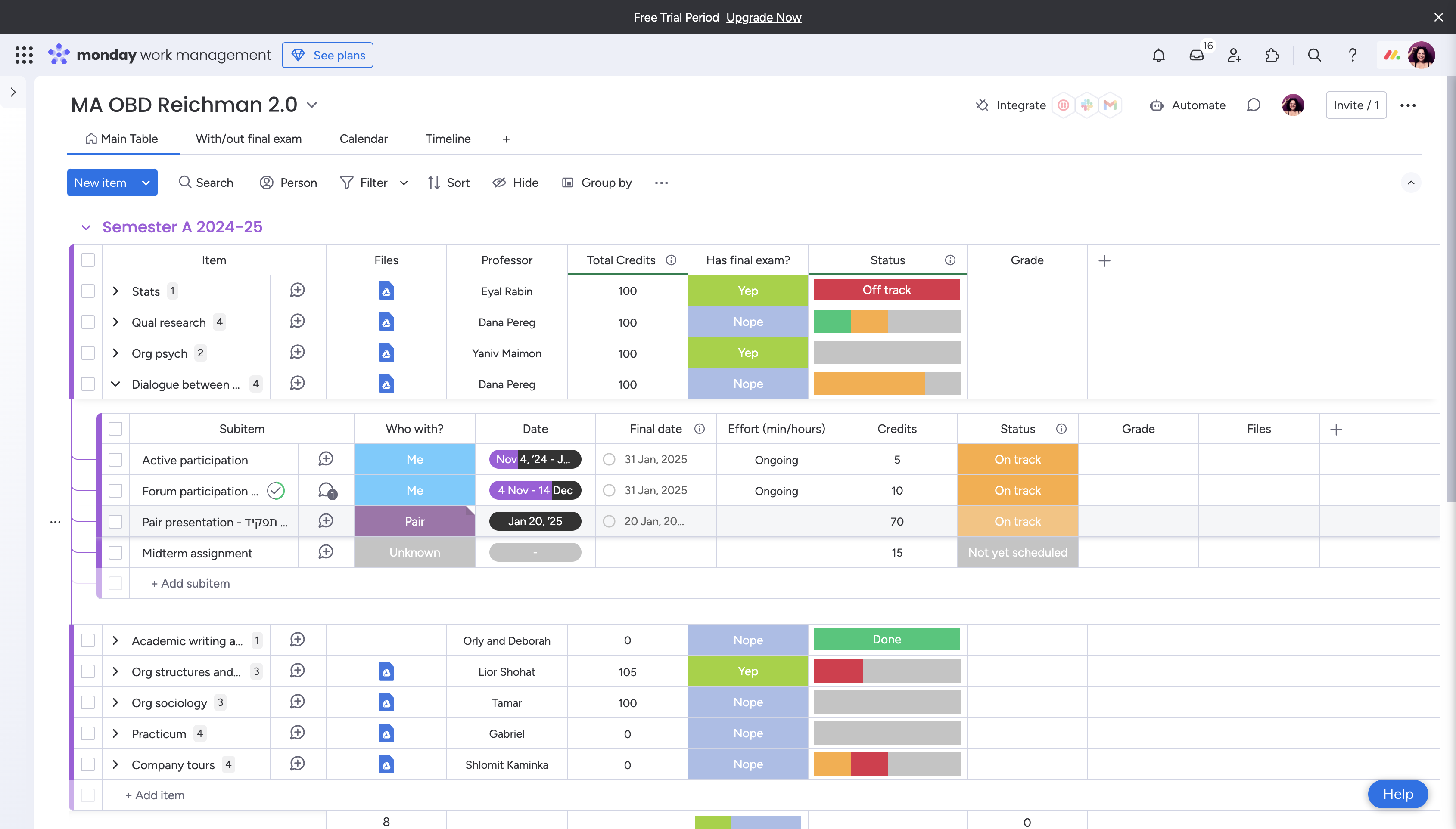 Step #4: For each subitem, you create a Status column just for the subitems to show who you're working on a particular assignment/task-you, a pair, or a group.