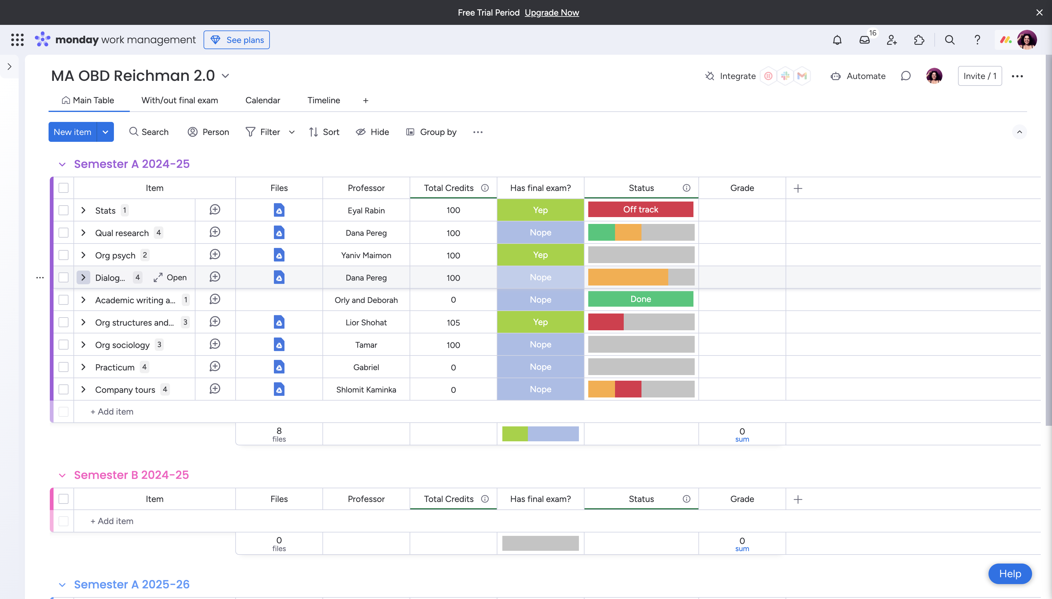Step #3: Use the status column to indicate if there's a final exam, and another Status column to track your progress. This status column calculates your overall progress based on your progress for each task. Click the little arrow to see subitems.
