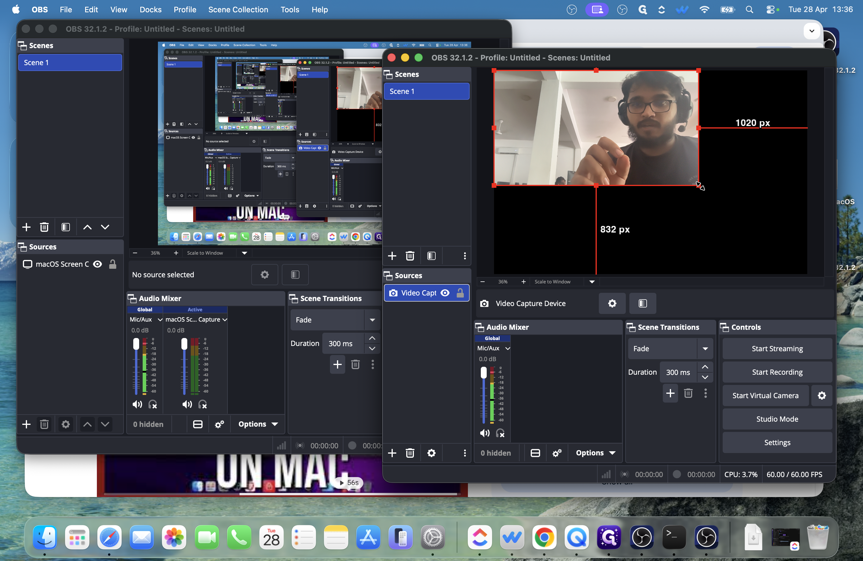 Step #14: Drag the red corner handles to scale your webcam feed so it completely fills the OBS canvas. Ensure you are well-lit and centered in the frame.