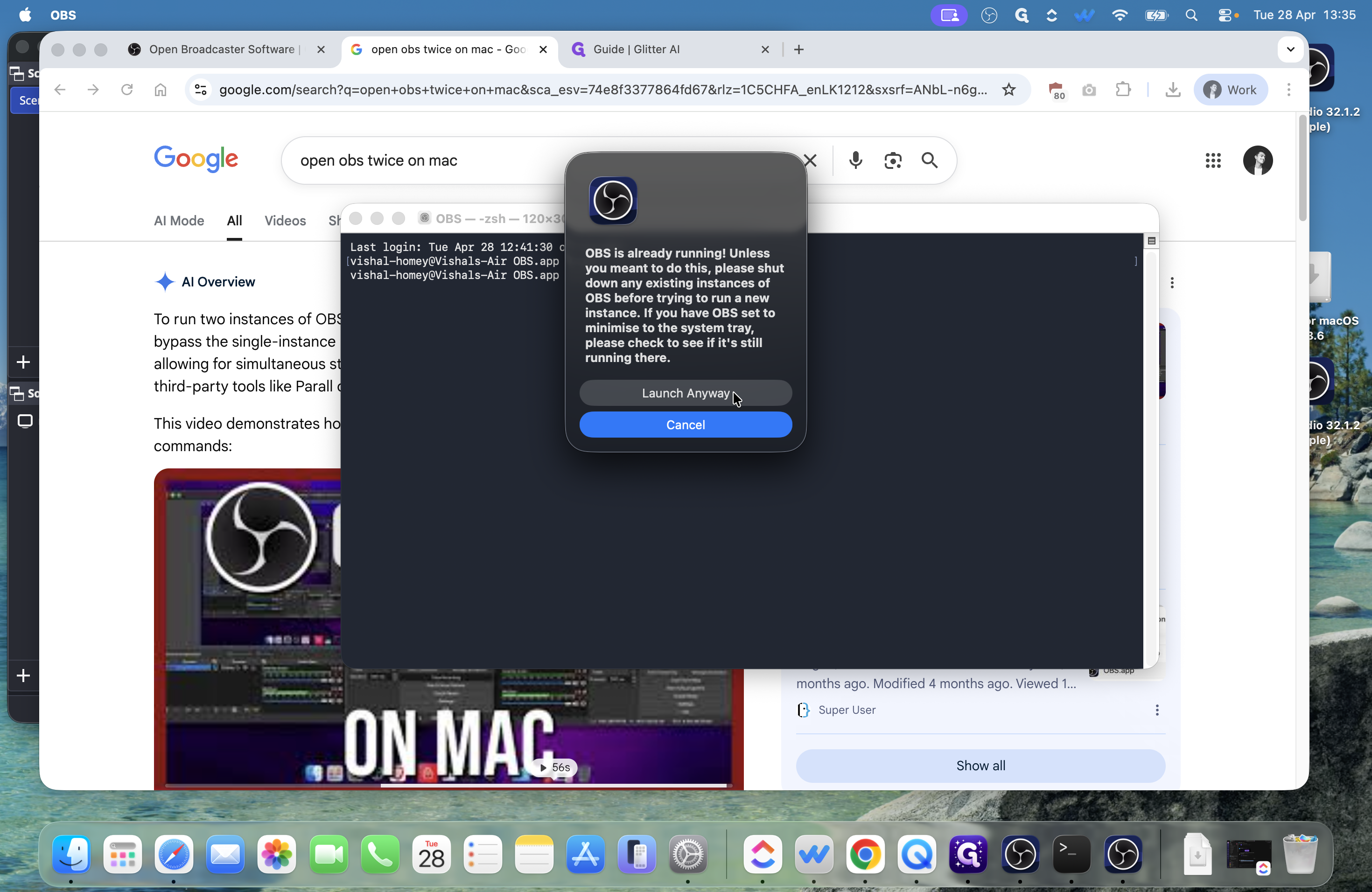 Step #4: A warning dialog will appear stating that OBS is already running. Click Launch Anyway.
