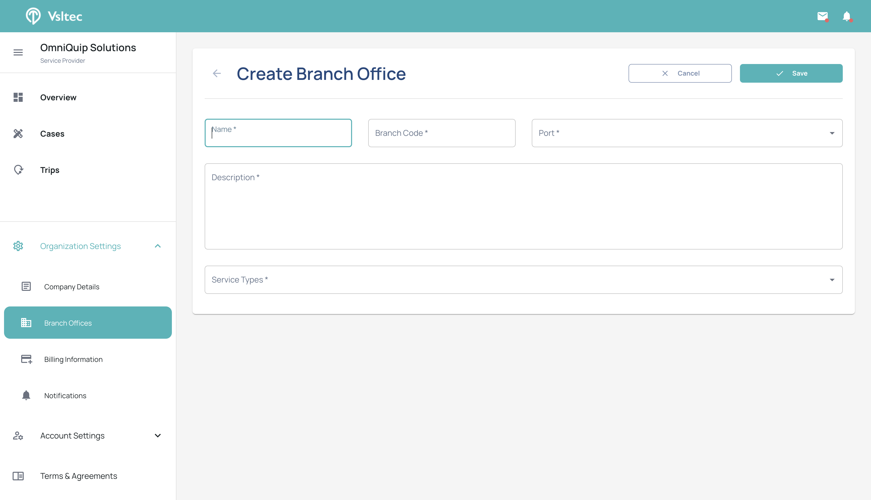 Step #4: Fill in the information of your branch office, such as a unique name, a unique code assigned to the office, the port location that is nearest to your branch office, a description, and finally the service types your branch office offers.